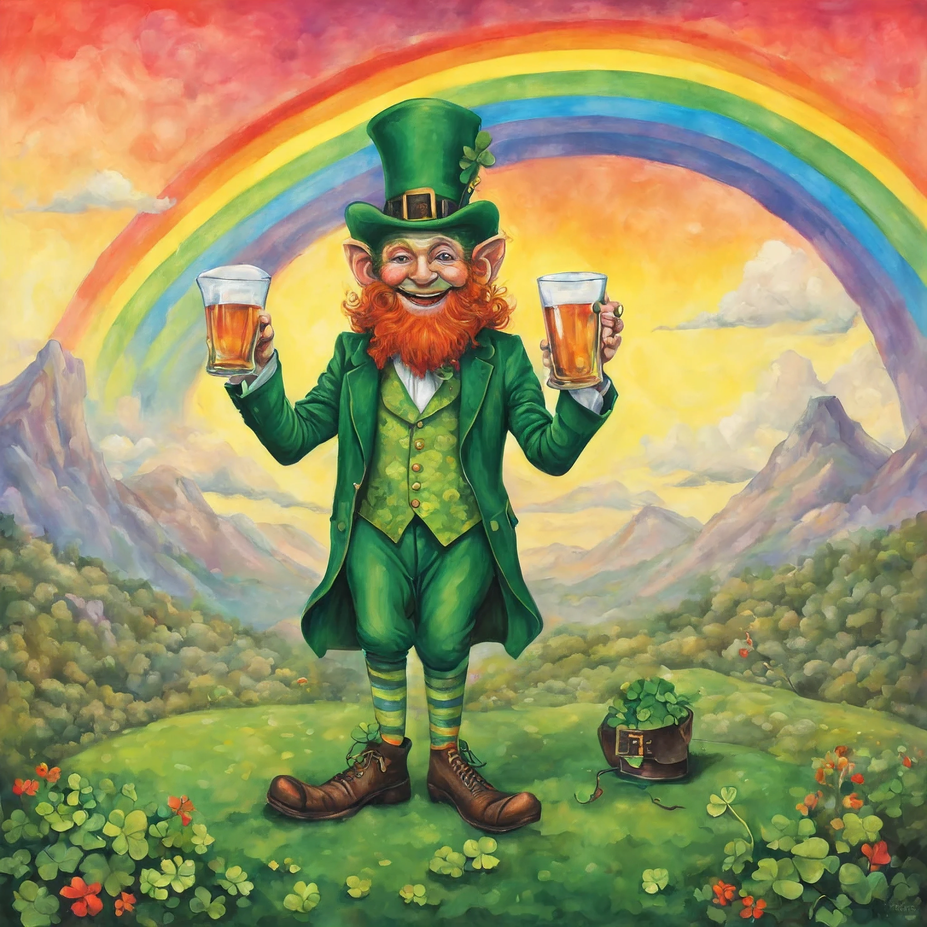 full body leprechaun, drinking happy, rainbows, surreal art, vibrant, shamrocks