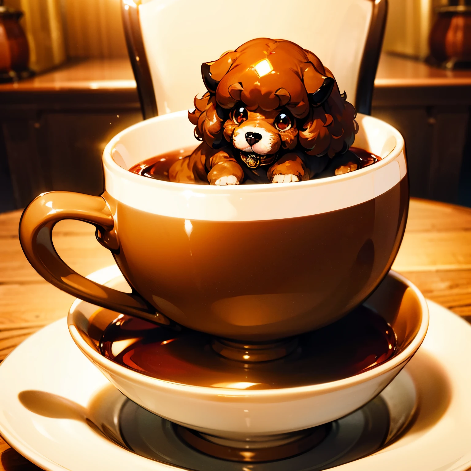 ((A brown Poodle in a cup)), small dog, fluffy, cute, shiny amber eyes,(white cup)