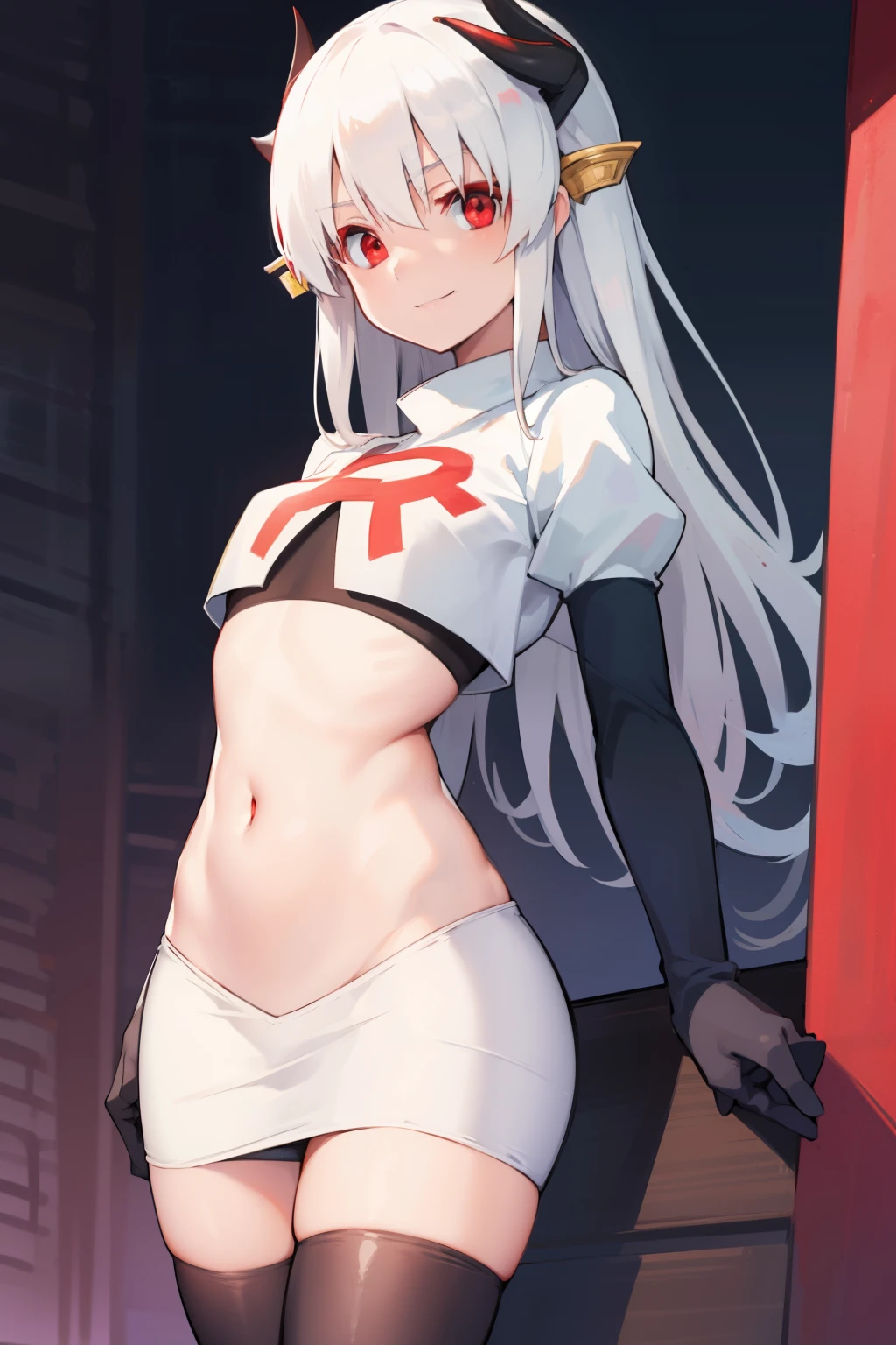 kiyohime, kiyohime, white hair, dragon girl, dragon horns, horns, long hair, (red eyes:1.5), smile, (small breast:1.2),
BREAK team rocket,team rocket uniform, red letter R, white skirt,white crop top,black thigh-highs ,black elbow gloves
BREAK looking at viewer,
BREAK (masterpiece:1.2), best quality, high resolution, unity 8k wallpaper, (illustration:0.8), (beautiful detailed eyes:1.6), extremely detailed face, perfect lighting, extremely detailed CG, (perfect hands, perfect ???????),