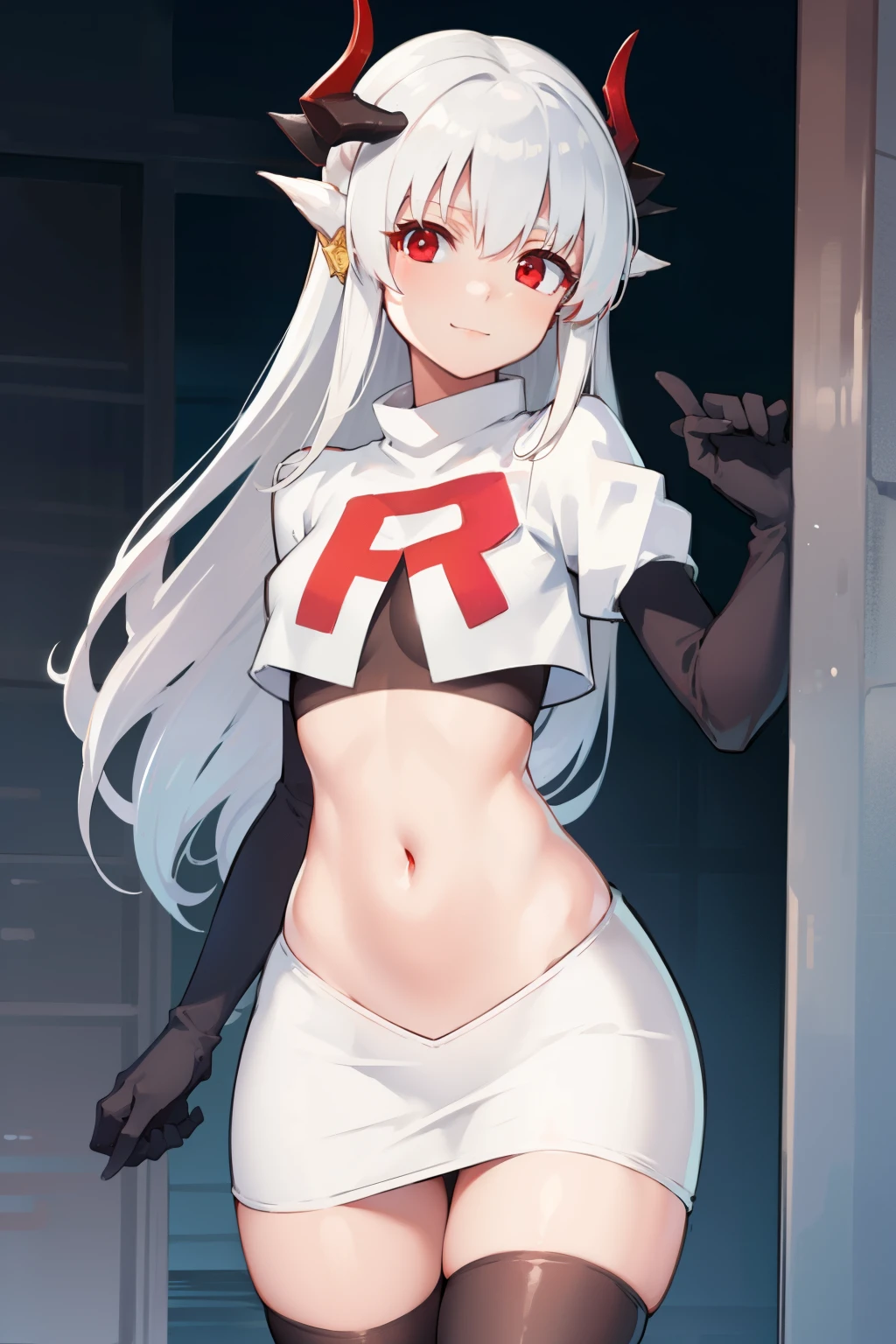 kiyohime, kiyohime, white hair, dragon girl, dragon horns, horns, long hair, (red eyes:1.5), smile, (small breast:1.2),
BREAK team rocket,team rocket uniform, red letter R, white skirt,white crop top,black thigh-highs ,black elbow gloves
BREAK looking at viewer,
BREAK (masterpiece:1.2), best quality, high resolution, unity 8k wallpaper, (illustration:0.8), (beautiful detailed eyes:1.6), extremely detailed face, perfect lighting, extremely detailed CG, (perfect hands, perfect anatomy),