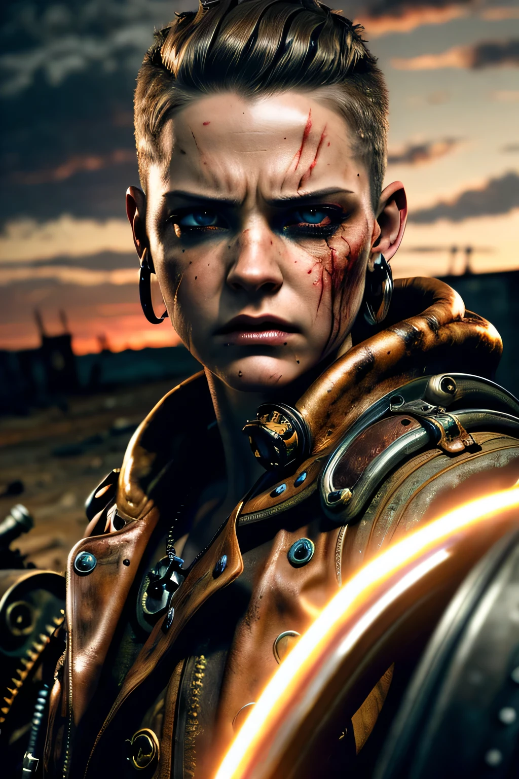 masterpiece, ultra detailed, 8K, Raw photo, Realistic light, Cinematic composition, skyscape with clouds, full colours nightfall, depth of field, 35 mm, postapocalyptic aura, steampunk aesthetic, 18 years old woman, on the ruined street, (torn dirty steampunk clothing), sexy, depth of field, (Focus: 1.2), dark atmosphere, in dinamic movement, cinematic lighting, detailed face and skin texture, fine eyes, brown hair colour, hair shaved in the sides, action movie style, vivid colours, angry face, mouth closes, red eyes