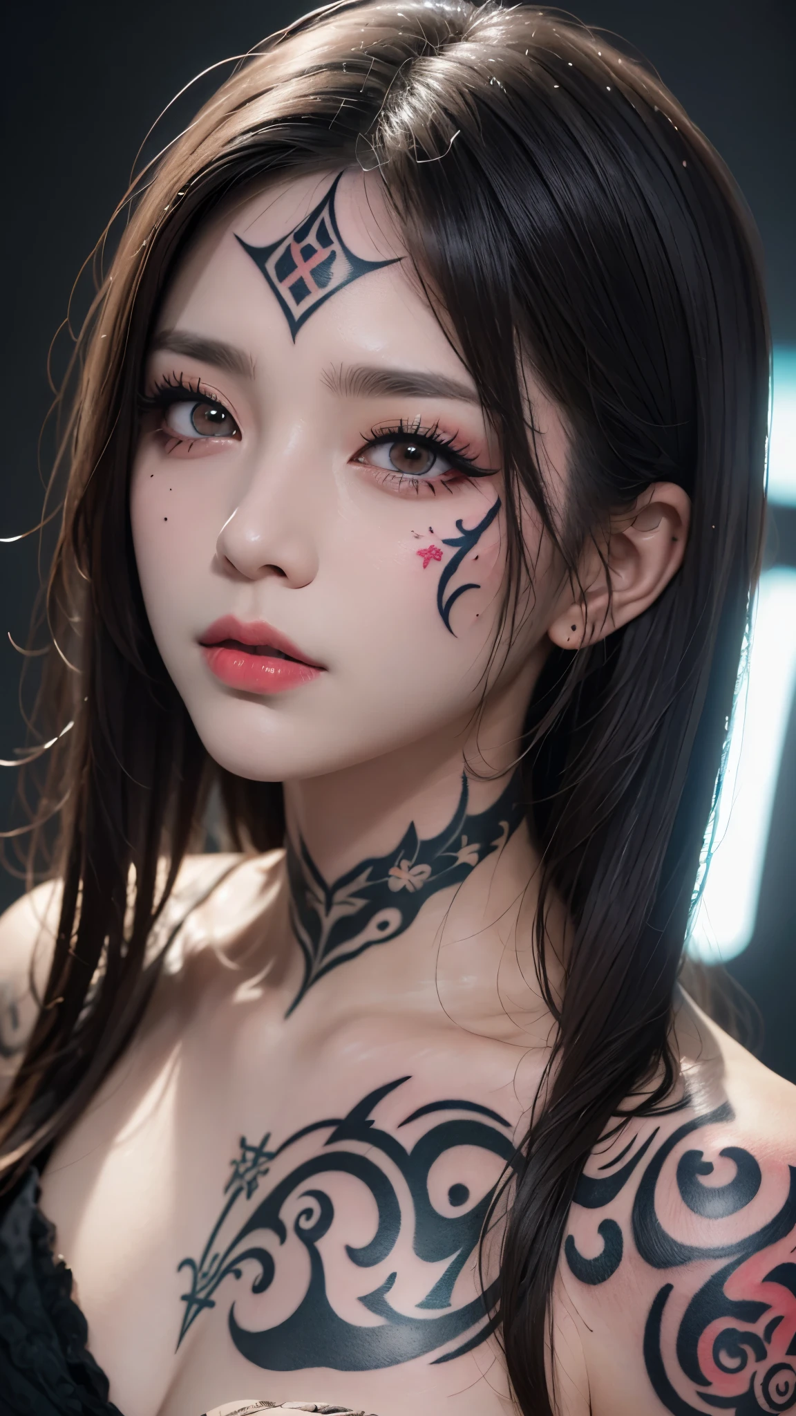 masterpiece, masterpiece, masterpiece_portrait, distinct, distinct_image, highres, high_resolution, high_quality, high_quality_anime, super_detail, hyper_detail, ultra high definition, Super facial detail, 페이스 art, 알굴 make up, pale face, red lips, 이마 make up, 눈 make up, pattern on face, 8k, 1 person, face enlargement, chinese makeup, japanese anime makeover, make up, art, art, painting on face, 얼굴 art, Demon Slayer&#39;s Blade, Akaza, face을 바라본다, Face tattoo, (tattoo on face:1.5), ghost makeup, zombie makeup, 캐릭터 make up, kabuki, portrait, (1 face:1.3), blue eyes, No background, face, face line tattoo, long eyelashes, LED lights, neon sign lighting, cyfunky, myth, red markings on the face,
