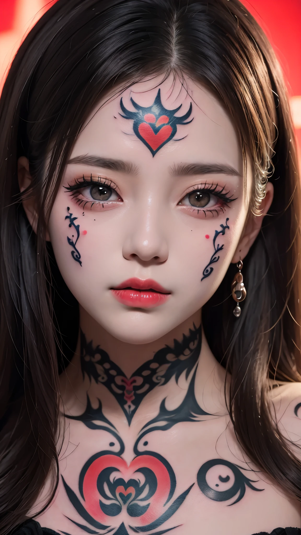 masterpiece, masterpiece, masterpiece_portrait, distinct, distinct_image, highres, high_resolution, high_quality, high_quality_anime, super_detail, hyper_detail, ultra high definition, Super facial detail, 페이스 art, 알굴 make up, pale face, red lips, 이마 make up, 눈 make up, pattern on face, 8k, 1 person, face enlargement, chinese makeup, japanese anime makeover, make up, art, art, painting on face, 얼굴 art, Demon Slayer's Blade, Akaza, face을 바라본다, Face tattoo, (tattoo on face:1.5), ghost makeup, zombie makeup, 캐릭터 make up, kabuki, portrait, (1 face:1.3), blue eyes, No background, face, face line tattoo, long eyelashes, LED lights, neon sign lighting, cyfunky, myth, red markings on the face,
