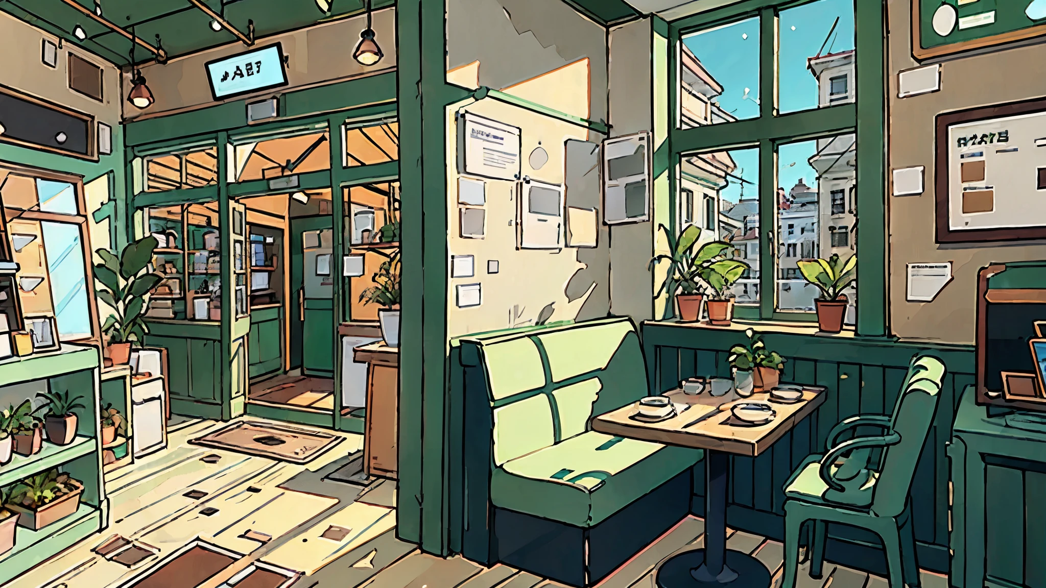 Cafe　there&#39;s no one inside　shop　sunshine　plant　Super detailed　High resolution　shop　green　window