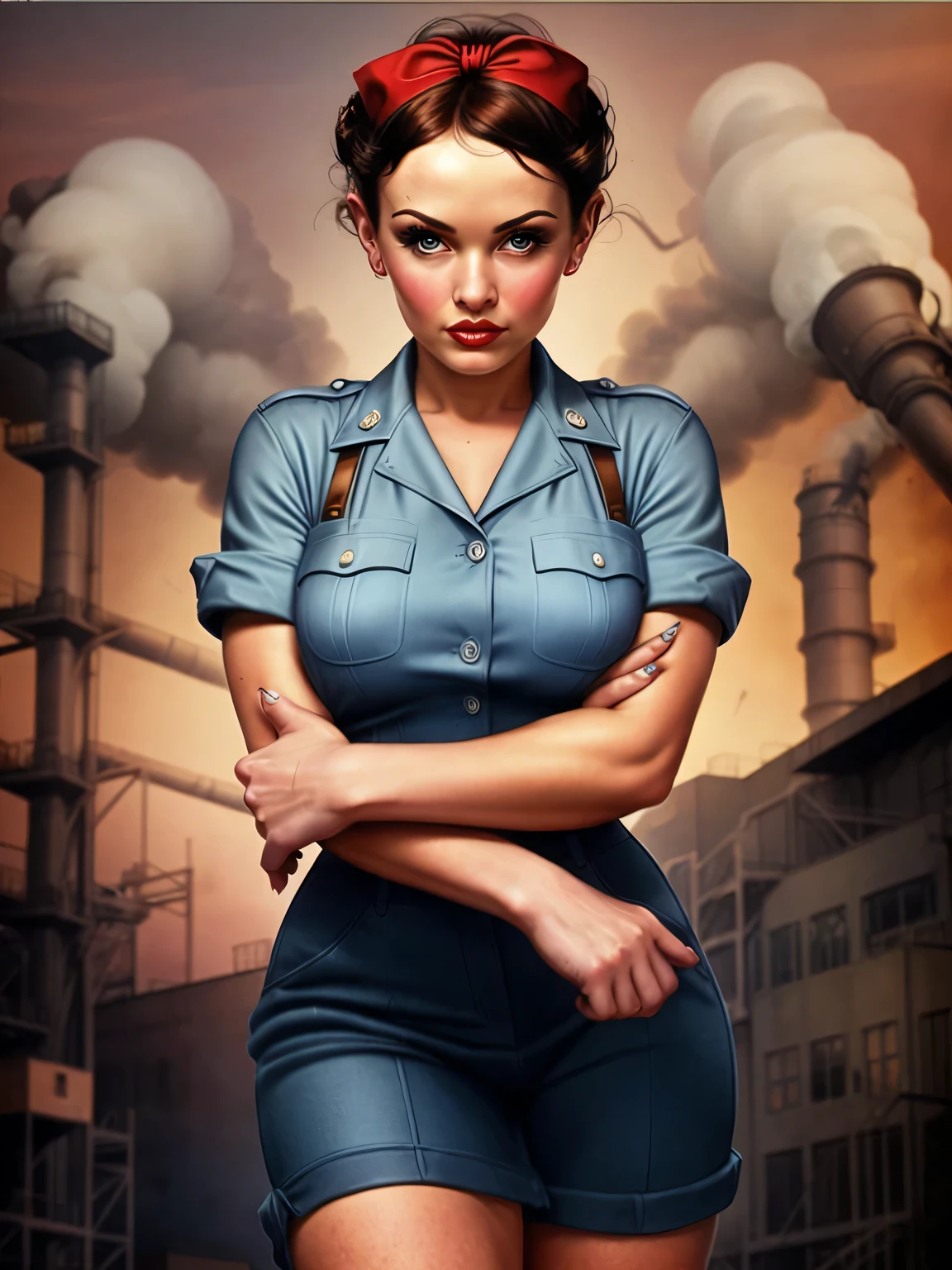 A Rosie the Riveter-inspired pin-up, her outfit and pose echoing the iconic image, set against a backdrop of a 1940s factory, the scene a vibrant, engaging homage to the women who worked on the home front during WWII.