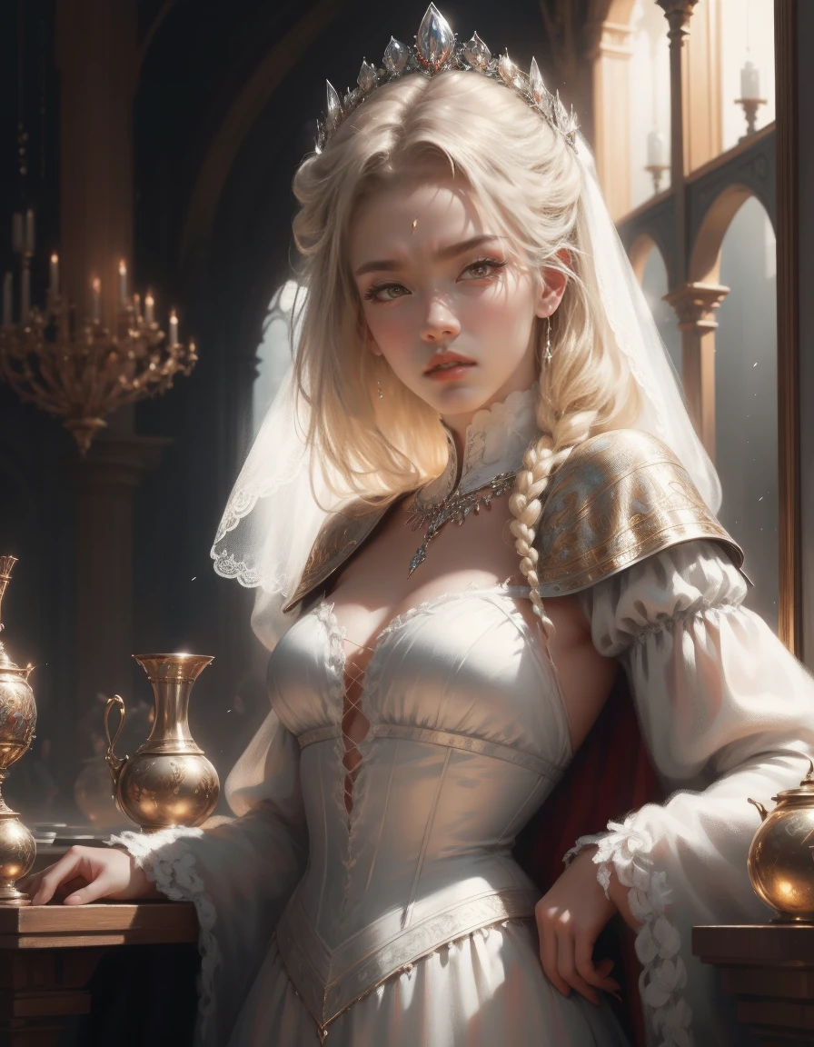 { - anatomy error}(Masterpiece - Ultra-detailed, very high resolution) Prepare to be enchanted by a true masterpiece that combines ultra-detailed art with high-resolution rendering. This work depicts a mesmerizing woman with very long blond hair (1.3) and captivating gray eyes (1.2), emanating an aura of elegance and mystery in Victorian settings. The intricate details and realistic textures invite you to explore every aspect of this enchanting composition. Woman wearing beautiful classic Victorian costume from the year 1878. Red lips. Happy face. Smiling. white (white) dress. Walking, backwards, looking back, dynamic poses. Get ready to dive into a world where beauty and craftsmanship merge perfectly.
