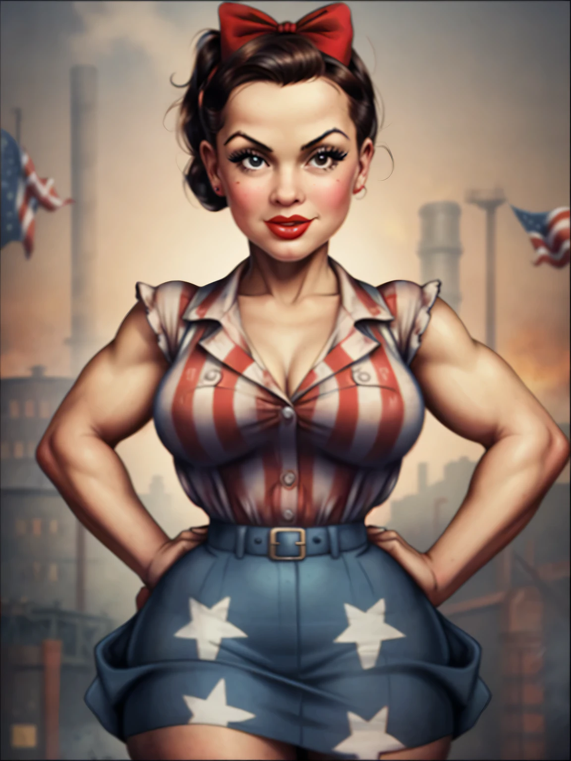 A Rosie the Riveter-inspired pin-up, her outfit and pose echoing the iconic image, set against a backdrop of a 1940s factory, the scene a vibrant, engaging homage to the women who worked on the home front during WWII.