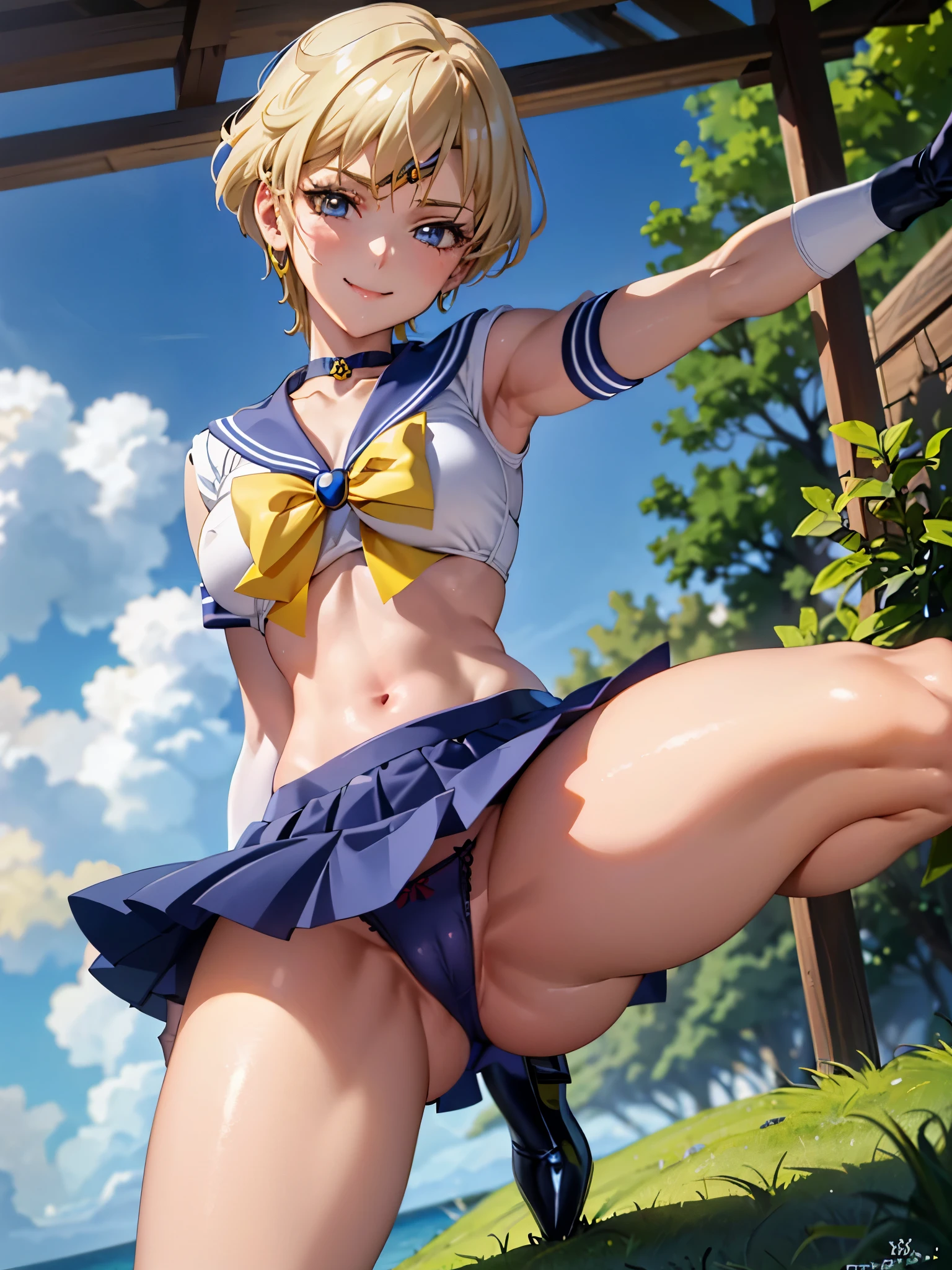 (nfsw, +18, Erotic Anime Art )、(highest quality:1.1), (masterpiece:1.4), (absurd:1.0), Portrait, Close-up,
1, sailor uranus, KizukiAi,, big and full breasts, aqua eye, blonde hair, sailor warrior uniform, sailor collar, chest bow, yellow ribbon, charming skirt, white elbow gloves, by the pool, (Smile:1.2), looking at the viewer, erect nipples、show off panties、super mini skirt、micro panties、(dynamic pose:1.2)、(Downから見る:1.2)、camel toe.between legs、belly button、spread your legs.(NSFW:1.2)、(Down :1.2)、between legsフォーカス、dynamic angle