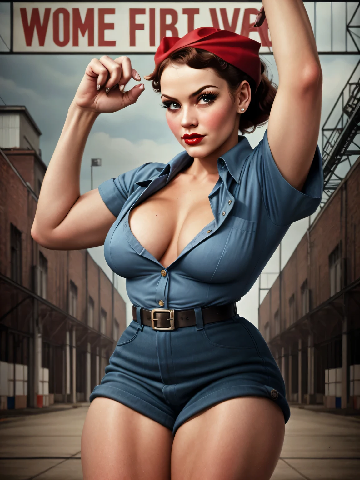 A Rosie the Riveter-inspired pin-up, her outfit and pose echoing the iconic image, set against a backdrop of a 1940s factory, the scene a vibrant, engaging homage to the women who worked on the home front during WWII.