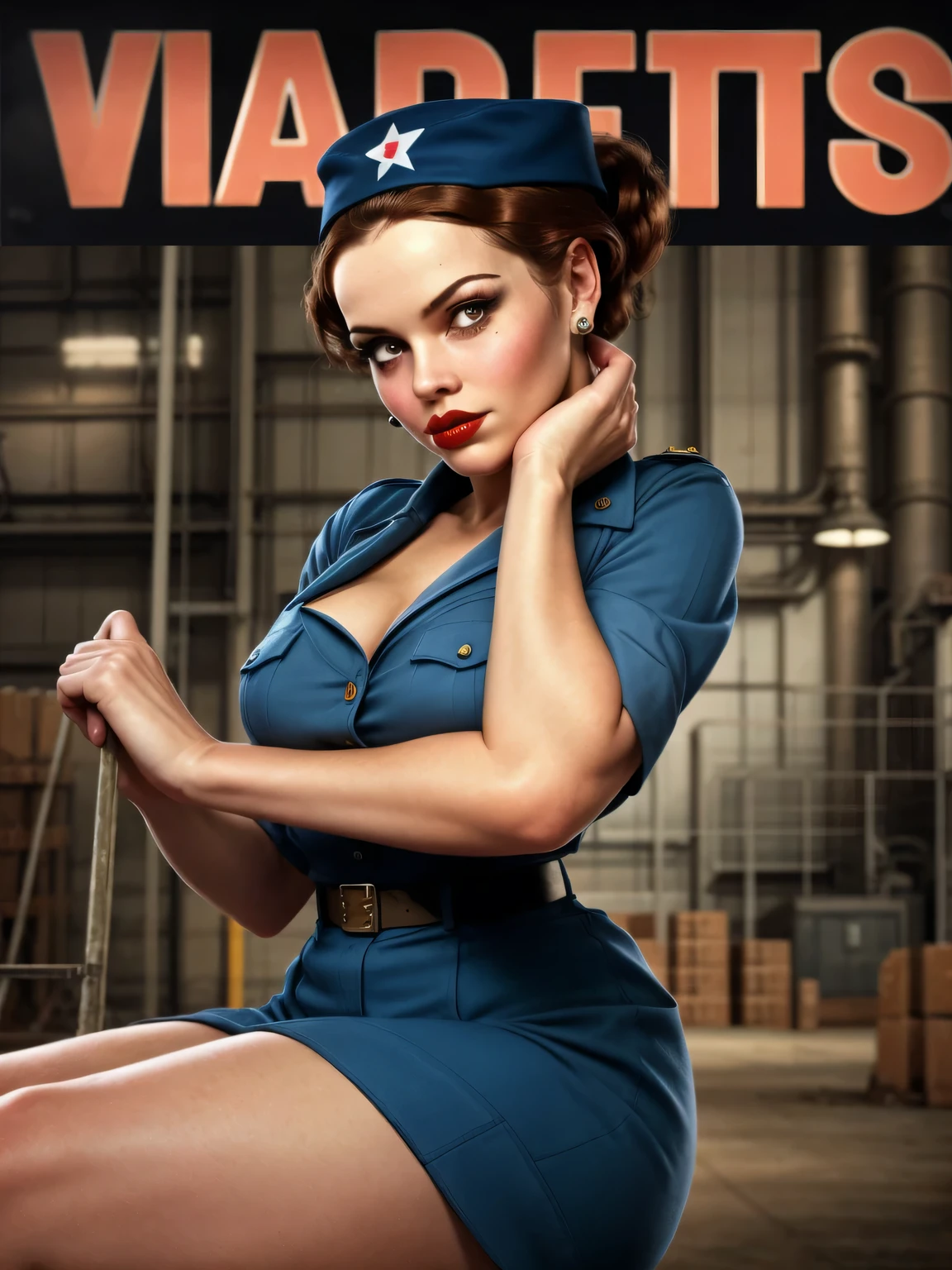 A Rosie the Riveter-inspired pin-up, her outfit and pose echoing the iconic image, set against a backdrop of a 1940s factory, the scene a vibrant, engaging homage to the women who worked on the home front during WWII.