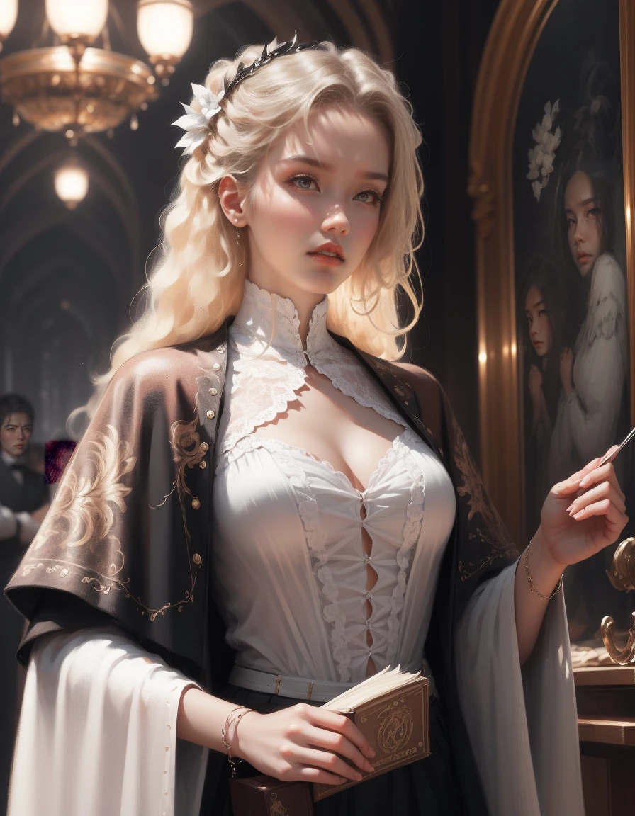 { - anatomy error}(Masterpiece - Ultra-detailed, very high resolution) Prepare to be enchanted by a true masterpiece that combines ultra-detailed art with high-resolution rendering. This work depicts a mesmerizing woman with very long blond hair (1.3) and captivating gray eyes (1.2), emanating an aura of elegance and mystery in Victorian settings. The intricate details and realistic textures invite you to explore every aspect of this enchanting composition. Woman wearing beautiful classic Victorian costume from the year 1878. Red lips. Happy face. Smiling. white (white) dress. segurando uma xicara de cha, dynamic poses. Get ready to dive into a world where beauty and craftsmanship merge perfectly.