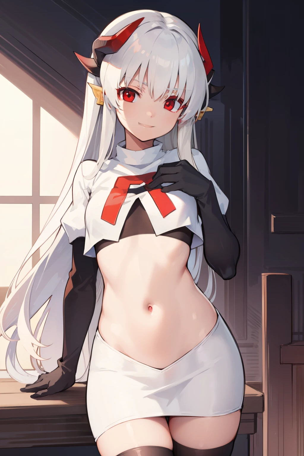 kiyohime, kiyohime, white hair, dragon girl, dragon horns, horns, long hair, (red eyes:1.5), smile, (small breast:1.2),
BREAK team rocket,team rocket uniform, red letter R, white skirt,white crop top,black thigh-highs ,black elbow gloves
BREAK looking at viewer,
BREAK (masterpiece:1.2), best quality, high resolution, unity 8k wallpaper, (illustration:0.8), (beautiful detailed eyes:1.6), extremely detailed face, perfect lighting, extremely detailed CG, (perfect hands, perfect anatomy),