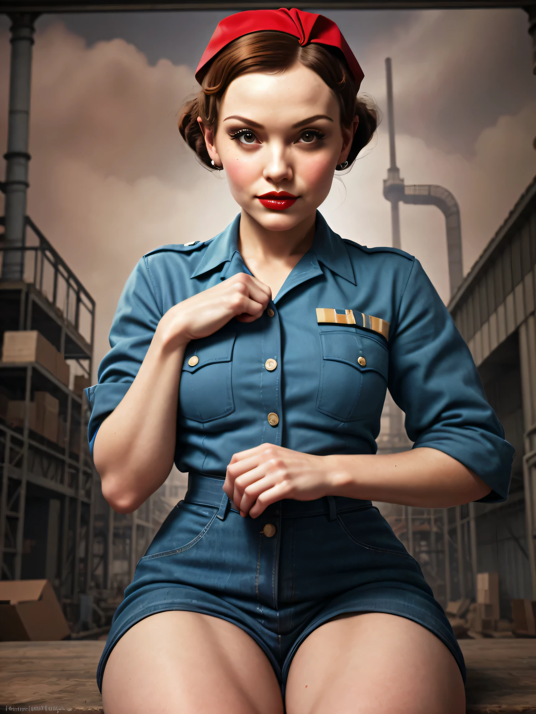 A Rosie the Riveter-inspired pin-up, her outfit and pose echoing the iconic image, set against a backdrop of a 1940s factory, the scene a vibrant, engaging homage to the women who worked on the home front during WWII.