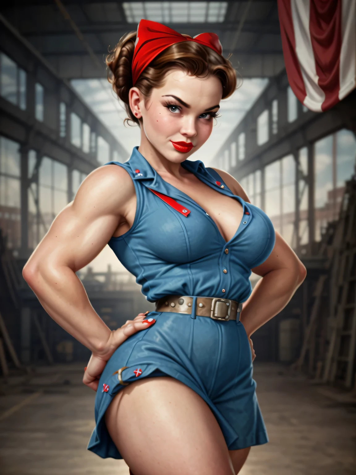 A Rosie the Riveter-inspired pin-up, her outfit and pose echoing the iconic image, set against a backdrop of a 1940s factory, the scene a vibrant, engaging homage to the women who worked on the home front during WWII.