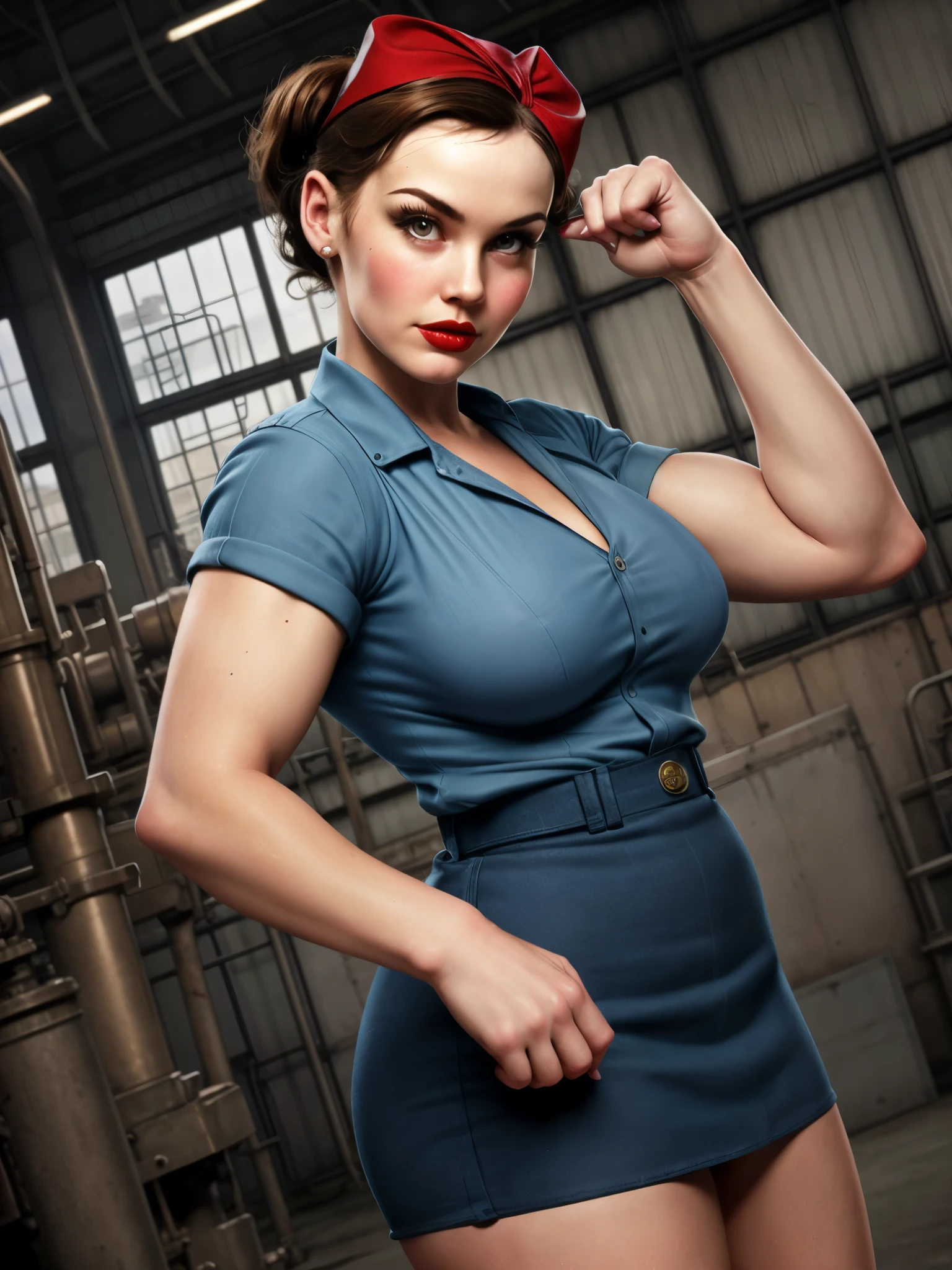 A Rosie the Riveter-inspired pin-up, her outfit and pose echoing the iconic image, set against a backdrop of a 1940s factory, the scene a vibrant, engaging homage to the women who worked on the home front during WWII.