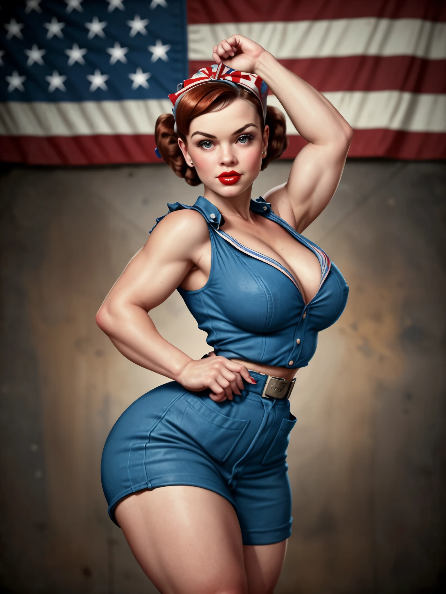 A Rosie the Riveter-inspired pin-up, her outfit and pose echoing the iconic image, set against a backdrop of a 1940s factory, the scene a vibrant, engaging homage to the women who worked on the home front during WWII.