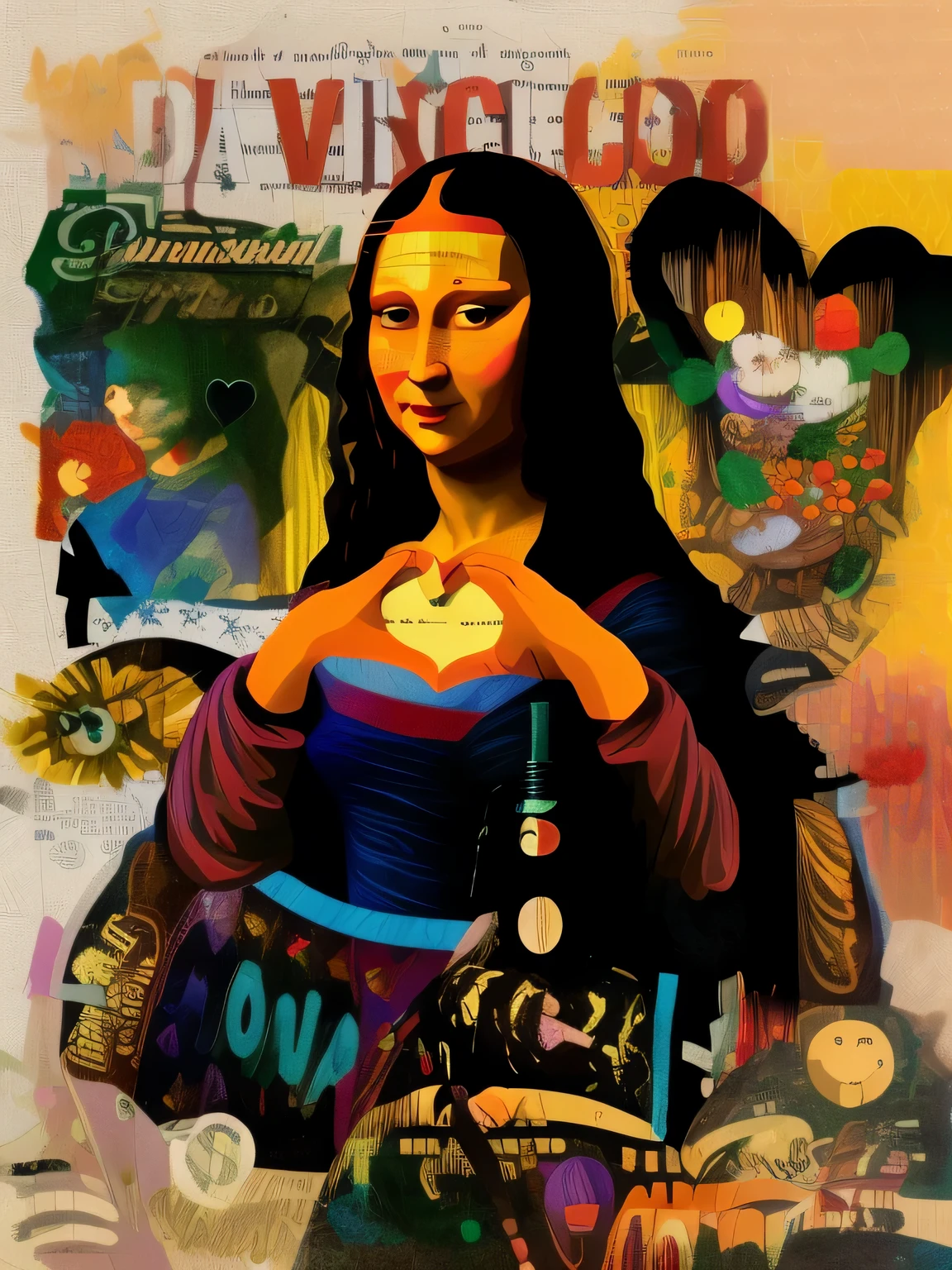 painting of a woman with a heart made of stickers, inspired by Mona Moore, avant garde pop art, maximalist magazine collage art, ((the mona lisa)), mona lisa style, monalisa, portrait of a lisa frank, maximalism digital art, hd mixed media collage, inspired by Howard Kanovitz, collage artwork, inspired by Luis Miranda