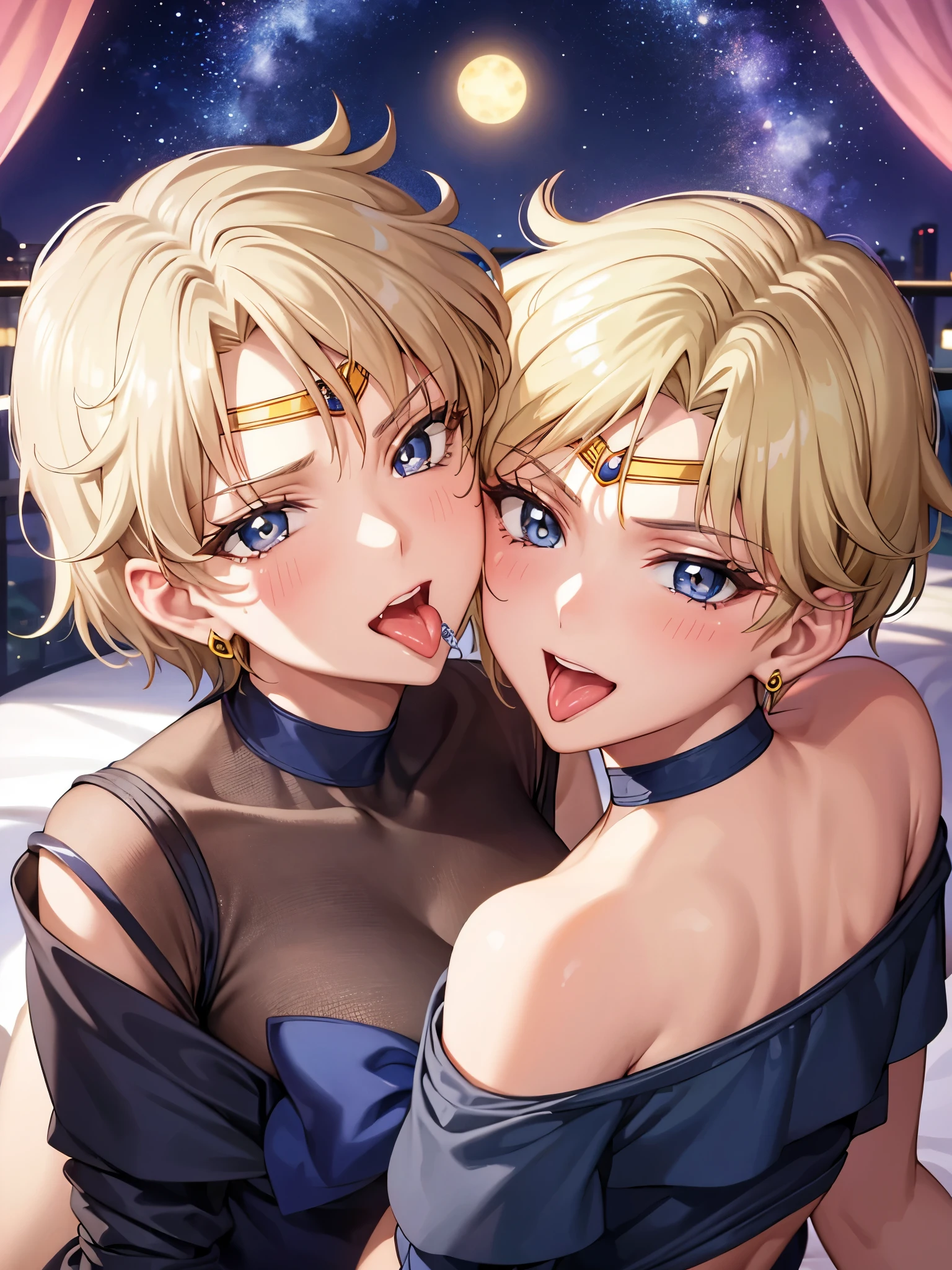 (masterpiece), highest quality, expressive eyes, perfect face, open your mouth, cum on tongue, cum in mouth, tongue, tongue out, short hair, blush, smile, Ahegao, medium breasts, short hair, Sailor Moon Uranus, blonde, blush, Sweat