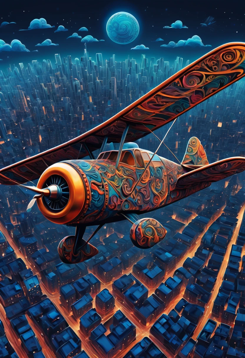 (best quality, highres, ultra sharp), Magical  aeroplane, art deco, zentangle, full colored, 3d crunch, cinematic, flying over city,