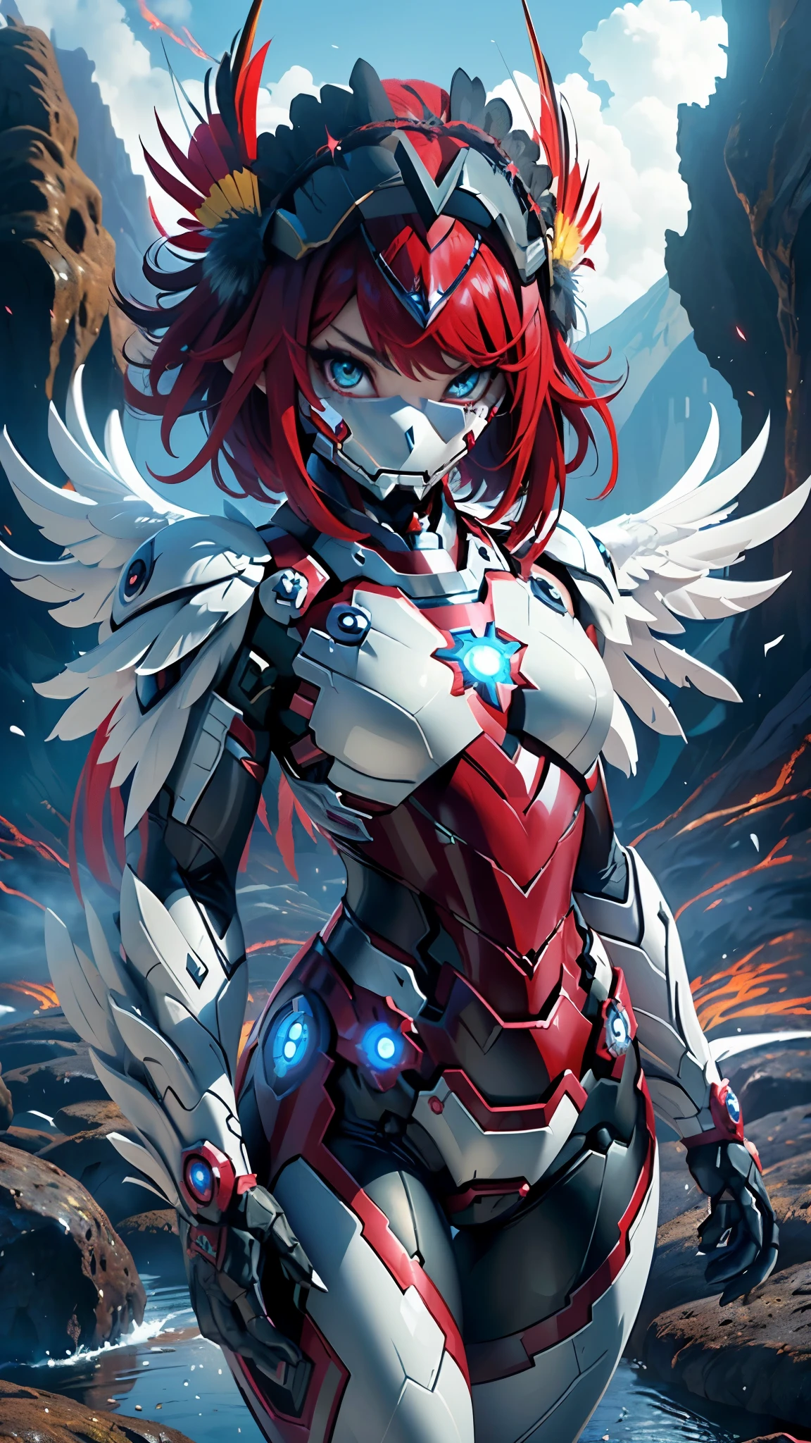 (obra maestra, Mejor calidad), detalles intrincados, (((Kaihuai))), valquiria, (((kawaii))), sonrisa alegre, ver al espectador, (Crimson Feather Headdress with White Wings :1.4) , jungle Africa big leaves. , mano arriba, 15 year old student, primeros planos faciales, light particles, (armadura White Ironman :1.4), (Cabello white canoso:1.4), More detailed 8K.motor irreal:1.4,UHD,La mejor calidad:1.4, fotorrealista:1.4, textura de la piel:1.4, obra maestra:1.8,obra-prima, mejor calidad,objeto Objeto], (detailed face features:1.3),(Las proporciones correctas),(Ojos hermosos azules:1.4 ),  (pose vaquero)

(fondo cueva piedras grandes lava volcano :1.4), ,( ciberpunk 2.1), (piedras negras grandes), (estilo kawaii armadura white :1.4) 