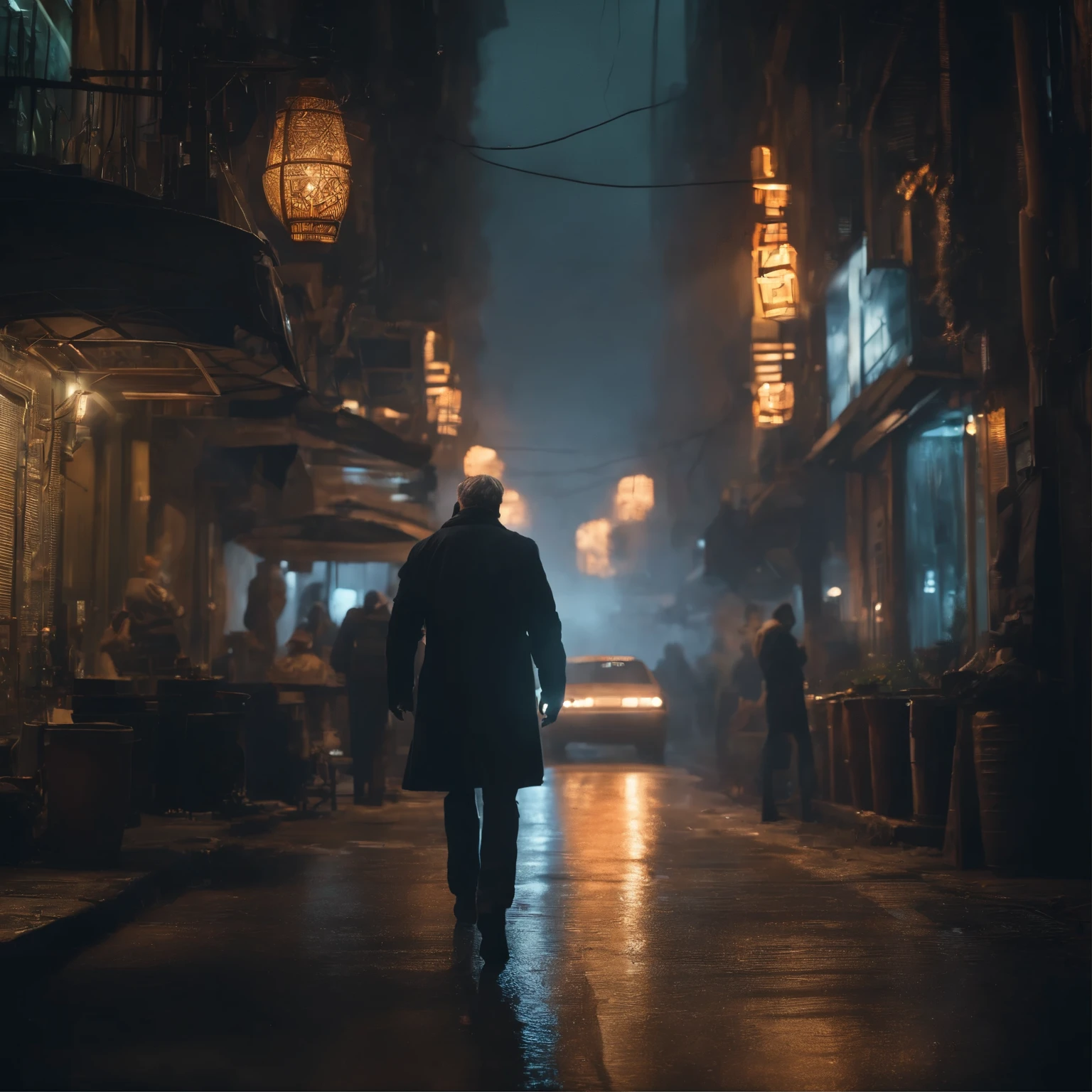 (best quality,ultra-detailed,realistic:1.37),Harrison Ford in a cyberpunk cyberpunk street scene, with realistic lighting. [Cyberpunk],[Street Scene],[Nightfall],[Gritty Atmosphere],[Urban Landscape],[High-Tech],[Futuristic City],[Neon Lights],[Rainy Weather],[Dynamic Shadows],[City Noise],[Industrial Setting],[Steampunk Elements],[Flying Cars],[Holographic Advertisements],[Dystopian Vibes],[Technology],[Cutting-Edge Fashion],[Cinematic Composition],[Harsh Contrast],[Smoke and Fog],[Mysterious Stranger],[Intense Facial Expressions],[Glowing Cybernetic Enhancements],[Rebel Tendencies],[Dark Alleyways]