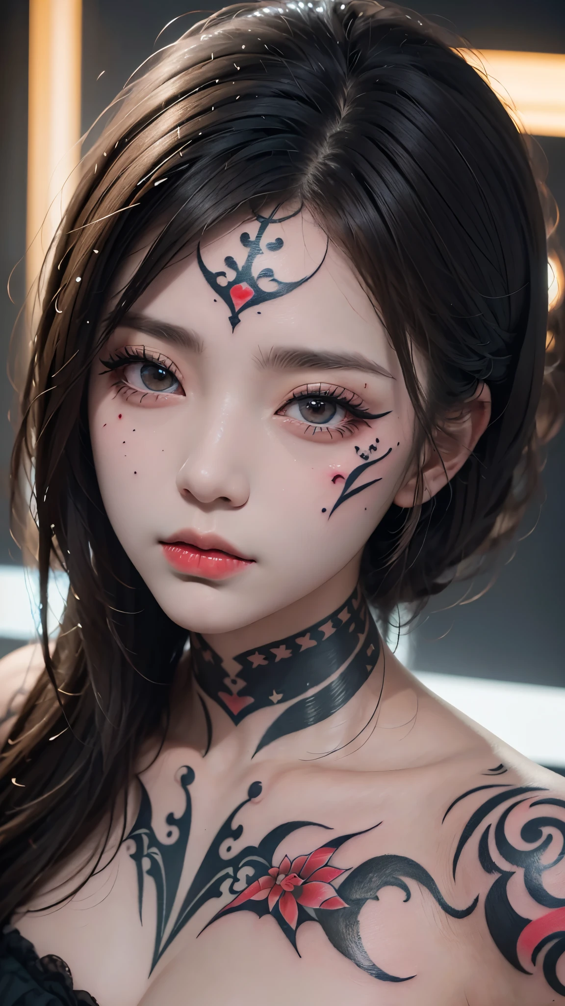 masterpiece, masterpiece, masterpiece_portrait, distinct, distinct_image, highres, high_resolution, high_quality, high_quality_anime, super_detail, hyper_detail, ultra high definition, Super facial detail, 페이스 art, 알굴 make up, pale face, red lips, 이마 make up, 눈 make up, pattern on face, 8k, 1 person, face enlargement, chinese makeup, japanese anime makeover, make up, art, art, painting on face, 얼굴 art, Demon Slayer's Blade, Akaza, face을 바라본다, Face tattoo, (tattoo on face:1.5), ghost makeup, zombie makeup, 캐릭터 make up, kabuki, portrait, (1 face:1.3), blue eyes, No background, face, face line tattoo, long eyelashes, LED lights, neon sign lighting, cyfunky, myth, red markings on the face,