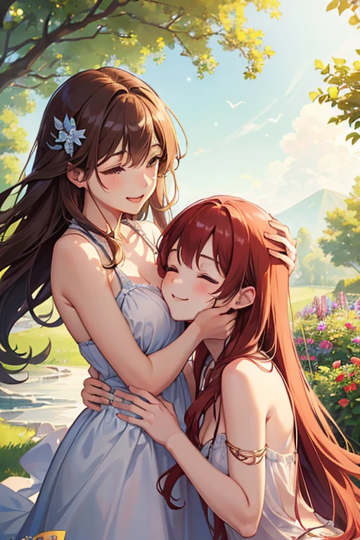 2 girl, couple kiss, hug, redhead hair, braided hair style, serene expression, mesmerizing green eyes, green pupils, (completely naked, fully naked), poised posture, small breast, freckles, freckles, freckles all over body, hands up behind the head, armpit, collarbone, blushed, (pubic hair freshly shaved):1.2, subtle blush, silver pendant, hoop earrings, golden hour, (rim lighting):1.2, warm tones, sun flare, soft shadows, vibrant colors, painterly effect, dreamy atmosphere, scenic lake, distant mountains, lodge background, willow tree, calm water, reflection, sunlit clouds, peaceful ambiance, idyllic sunset, ultra detailed, official art, unity 8k wallpaper, zentangle, mandala