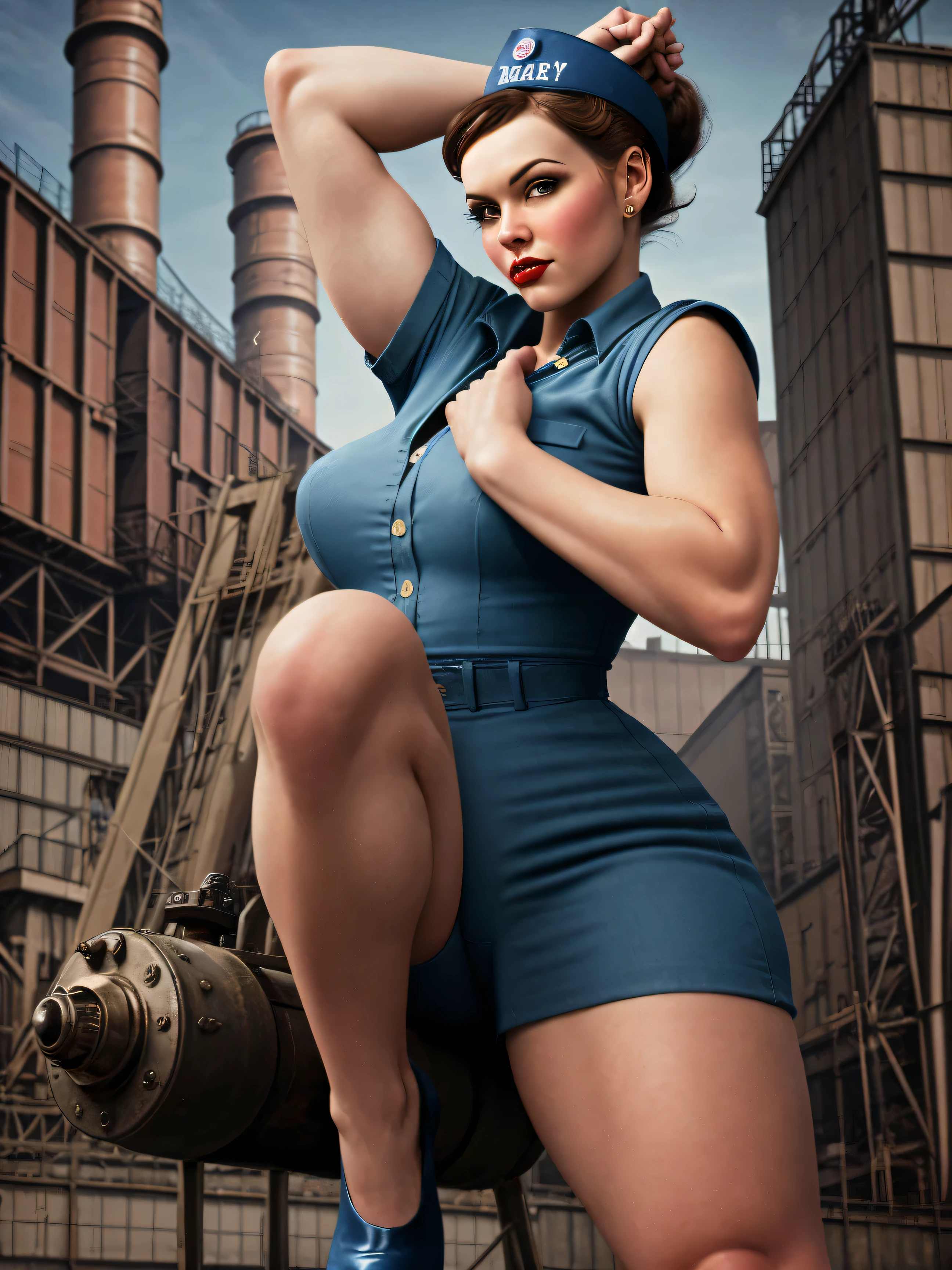 A Rosie the Riveter-inspired pin-up, her outfit and pose echoing the iconic image, set against a backdrop of a 1940s factory, the scene a vibrant, engaging homage to the women who worked on the home front during WWII.