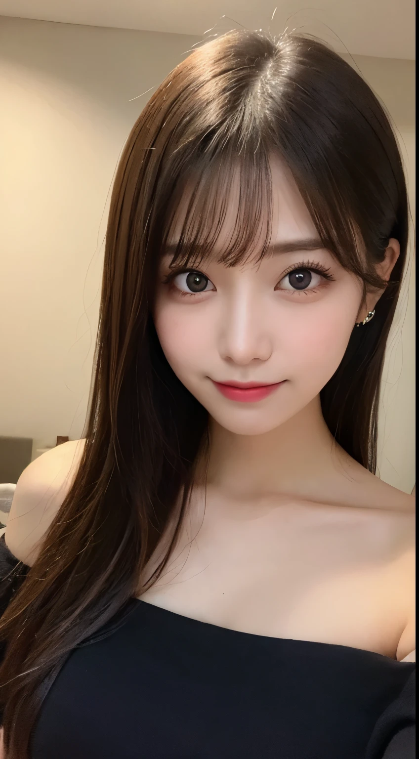 table top, highest quality, shape, Super detailed, finely, High resolution, 8k wallpaper, 完璧なダイナミックな構shape, beautiful and detailed eyes, off shoulder dress, small breasts, natural color lip,優しいsmile,20 year old girl、美しくdetailed face、perfect and beautiful face,Big eyes、美しくdetailed face、perfect and beautiful double eyelids、blur the background、Feminine poses、slim face and style、straight hair、Bedroom、lie in bed、 (get closer to the face, enlarge the face, face focus:1.0), break, (masterpiece, highest quality, Super detailed, detailed face, 8k)、real photos（best image quality）、shoot from above、with an upward glance、K-POPアイドルフェイス、smile