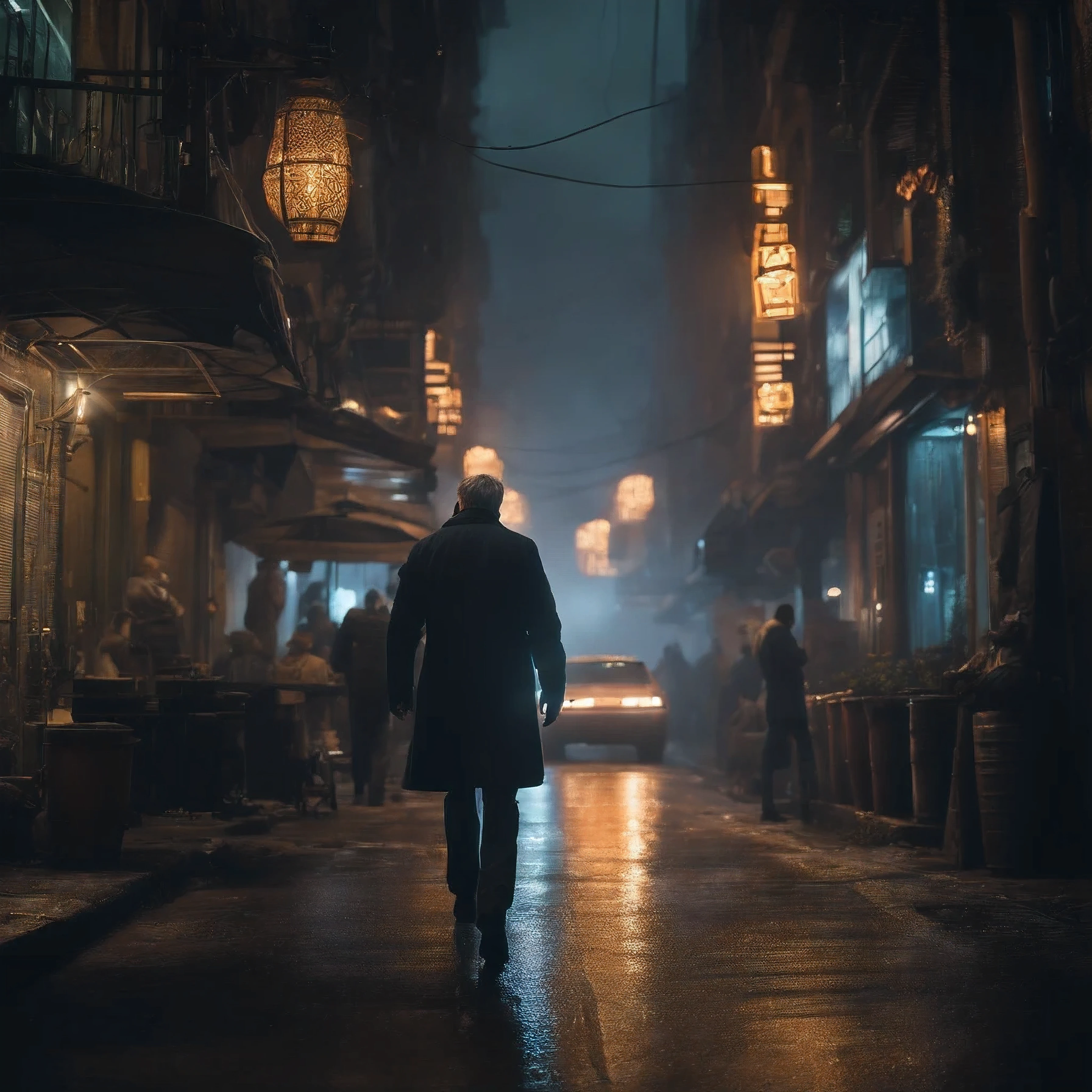(Mejor calidad,ultra detallado,realista:1.37),Harrison Ford en una escena callejera cyberpunk cyberpunk, with realista lighting. [ciberpunk],[escena callejera],[anochecer],[sandy atmosphere],[paisaje urbano],[alta Technology],[ciudad futurista],[neon lights],[clima lluvioso],[dynamic shadows],[ruido de la ciudad],[entorno industrial],[elementos steampunk],[coches voladores],[Holographic ads],[dystopian vibes],[Technology],[Moda de vanguardia],[cinematographic composition],[Fuerte contraste],[humo y niebla],[mysterious stranger],[expresiones faciales intensas],[brilliant cybernetic upgrades],[Tendencias rebeldes],[callejones oscuros]