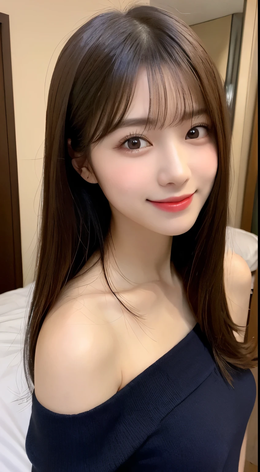 table top, highest quality, shape, Super detailed, finely, High resolution, 8k wallpaper, 完璧なダイナミックな構shape, beautiful and detailed eyes, off shoulder dress, small breasts, natural color lip,優しいsmile,20 year old girl、美しくdetailed face、perfect and beautiful face,Big eyes、美しくdetailed face、perfect and beautiful double eyelids、blur the background、Feminine poses、slim face and style、straight hair、Bedroom、lie in bed、 (get closer to the face, enlarge the face, face focus:1.0), break, (masterpiece, highest quality, Super detailed, detailed face, 8k)、real photos(best image quality)、shoot from above、with an upward glance、K-POPアイドルフェイス、smile
