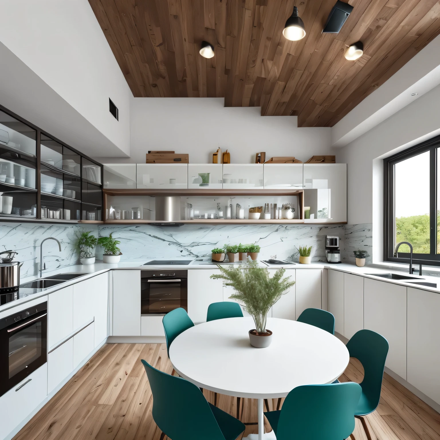 Ultra-luxury kitchen, Cool and modern atmosphere, Industrial Design Kitchen, Metal material, Red lighting, Blue lighting, Historic stone walls, Hi-Def, Brighter, Green plants, Plenty of ceiling-wide space, Stylish cockpit, High-end home appliances, Clean mono white color, coffee machine