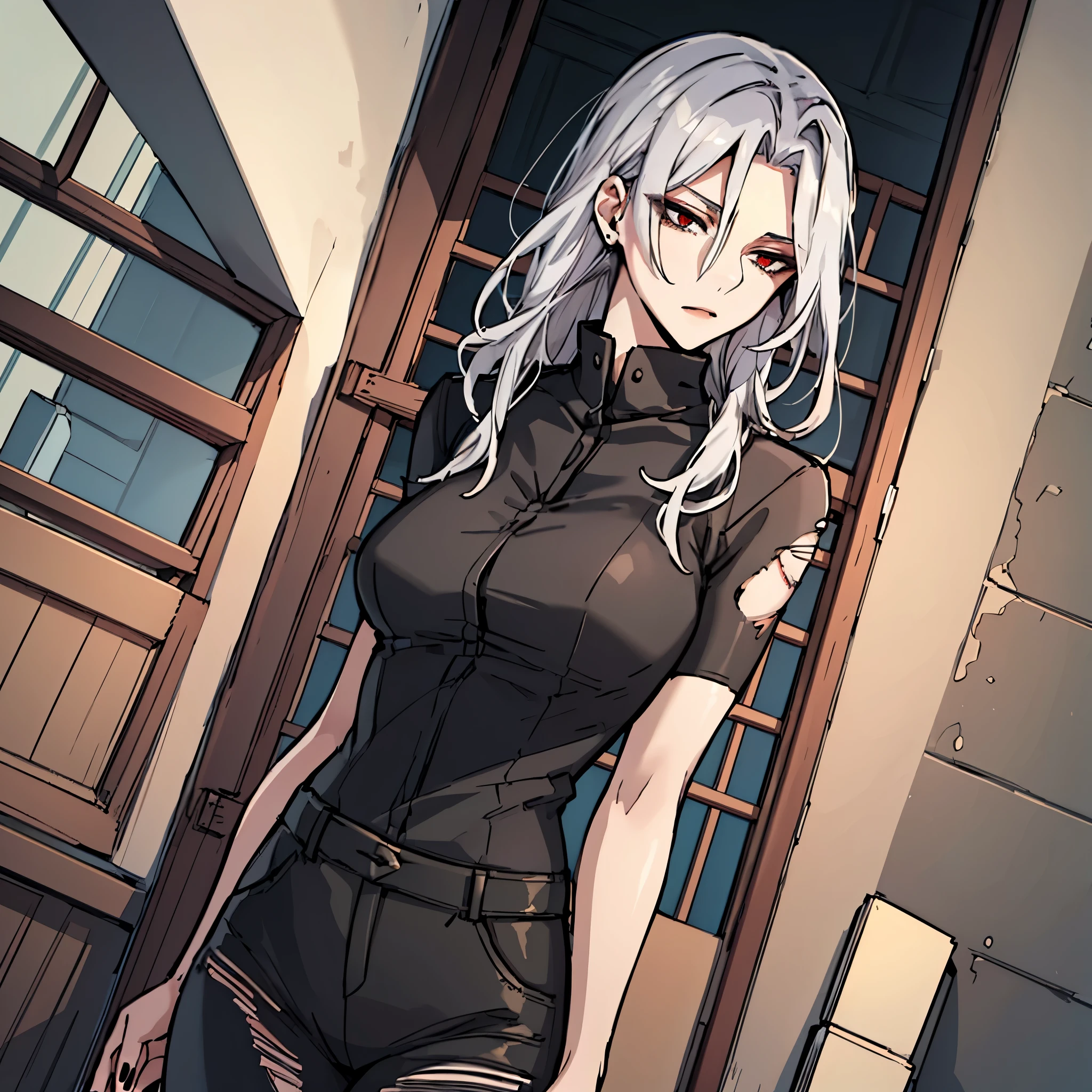 (, 8K, 4k, Masterpiece, hyperextreme detail:1.2),((1 girl)), Best quality, Expressive eyes, perfect face, 1 girl, portrait, One, female, mature woman, adult, pale skin, black nails, White skin, black ribbon, Red eyes, Irritated, torn clothes, armor, torn clothes, oversized shirt, , combed bangs, side bangs, грязные hair, длинные hair, hair, covering the forehead, Ideal Anatomy, anatomically correct, look forward to, Forward view, Expressive eyes, преRed eyes, Quanxi,whole body,, covered medium breast, , One, Leaning back, window background, BlackOutfit,perspective,(((Creeps))),(((breasts hang down)))