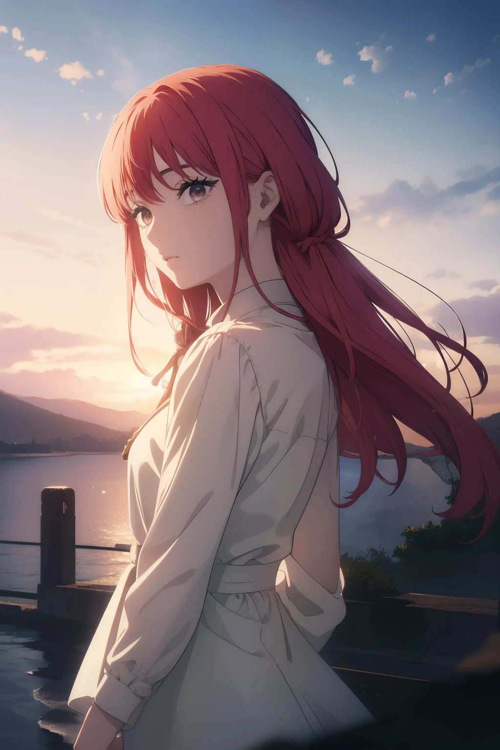 ((((Obra maestra, La mejor calidad, ultrahigh resolution)))), 1girl, looking at viewer, standing, upper body, red hair, beautiful face, outside, wind blowing
