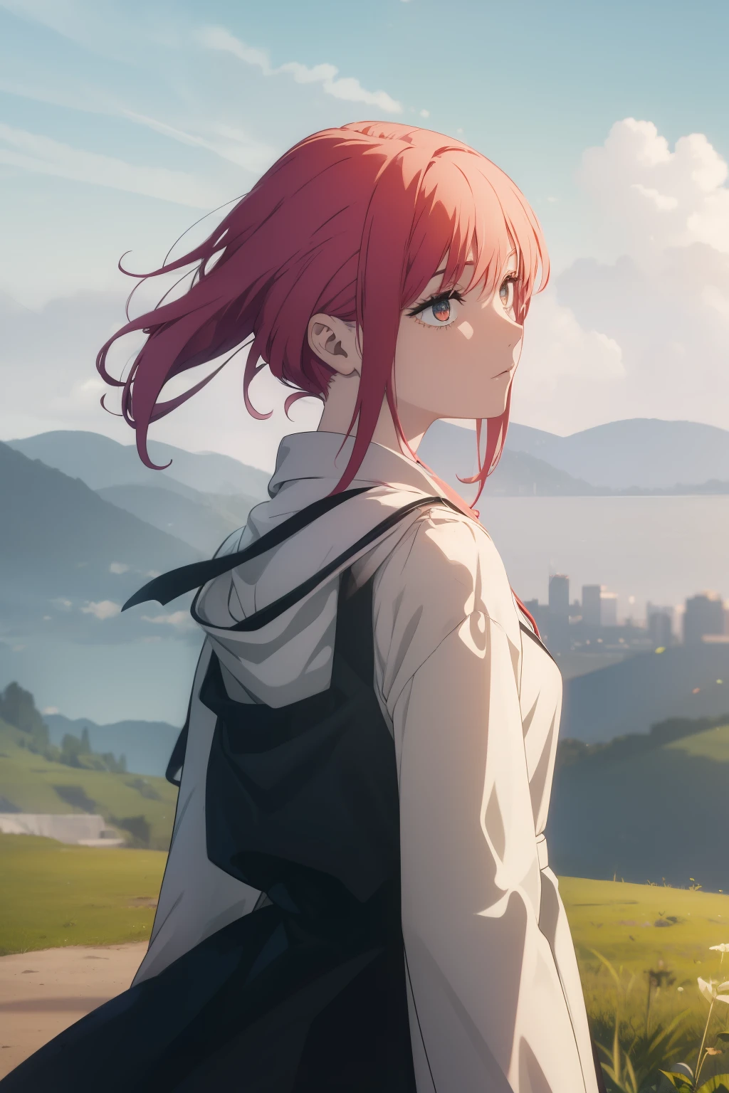 ((((Obra maestra, La mejor calidad, ultrahigh resolution)))), 1girl, looking at viewer, standing, upper body, red hair, beautiful face, outside, wind blowing