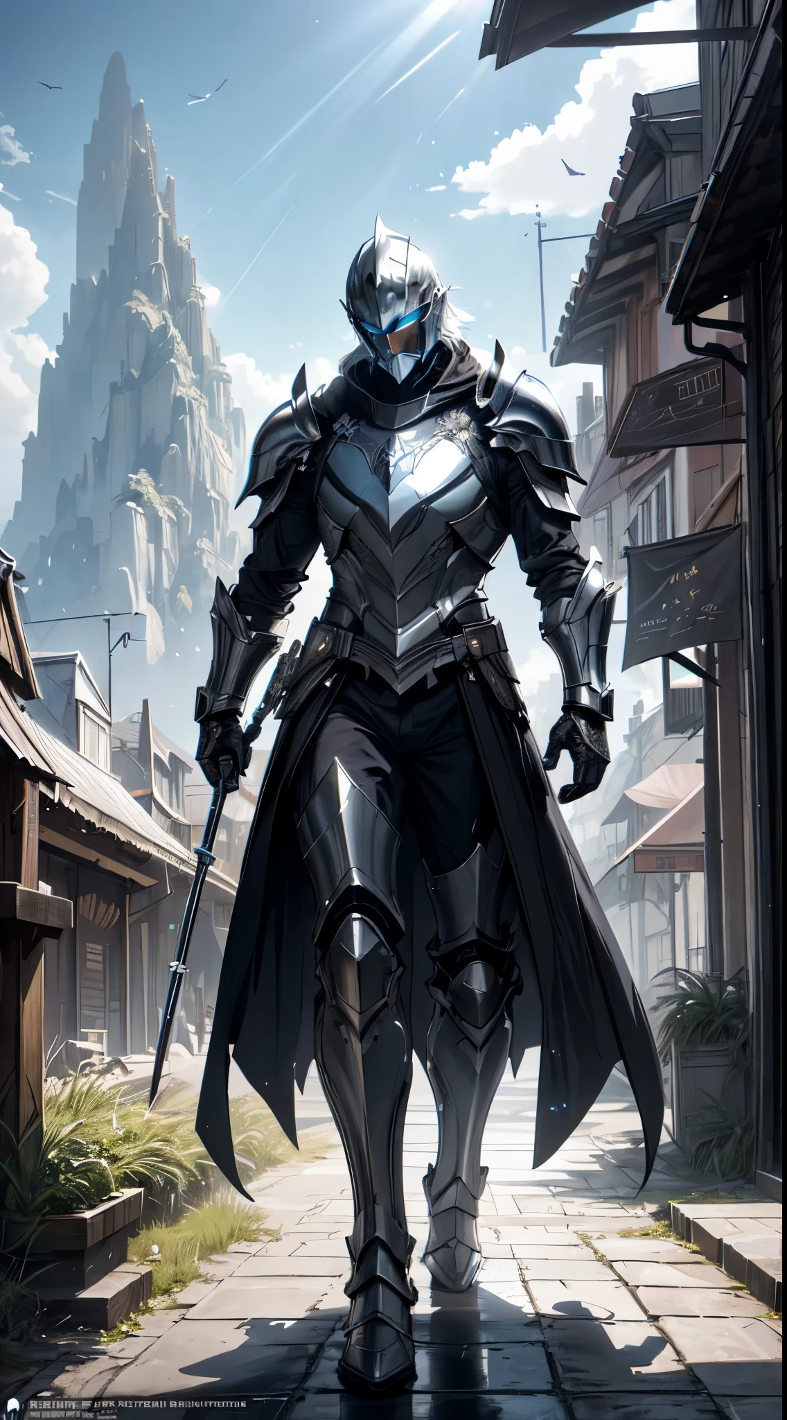 (beautiful and magnificent skyline, majestic sky), (extremely tense and dramatic pictures), 1boy, handsome, (armor gleaming with shine), BREAK 8K resolution concept art, realism, black helmet, gradient helmet, full body,chiaroscuro, cinematic lighting, god rays, ray tracing, reflection light, Detailed, official art, ligne claire, rule of third, fantasy, hills, arch mountains, fantasy village market, trees, nature, buildings, 4k highly detailed digital art, octane render, bioluminescent