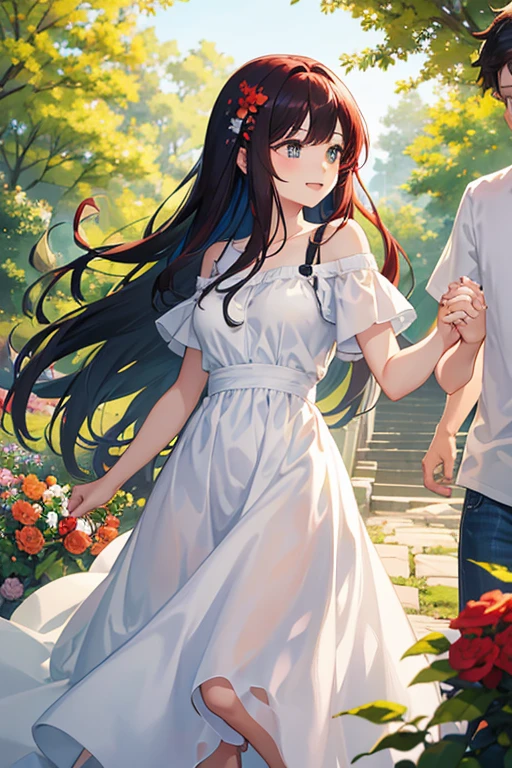(best quality,4k,8k,highres,masterpiece:1.2),ultra-detailed,realistic:1.37,portrait,red-haired girl,brown-haired boy,happy expression,warm lighting,colorful background,sparkling eyes,friendly interaction,soft summer breeze,long flowing hair,natural beauty,vivid colors,magical atmosphere,long-lasting happiness,candid moment,long-lasting bond,inseparable companions,tender affection,playful glances,joyful laughter,sun-kissed skin,lush greenery,sunlit garden,whispering secrets,unbreakable connection,endless love,blissful harmony,fond memories,unforgettable moments,eternal love,exquisite details,authentic emotions,serene environment,dream-like composition,magical realism,carefree spirit,eternal youth,cherished memories,unconditional love
