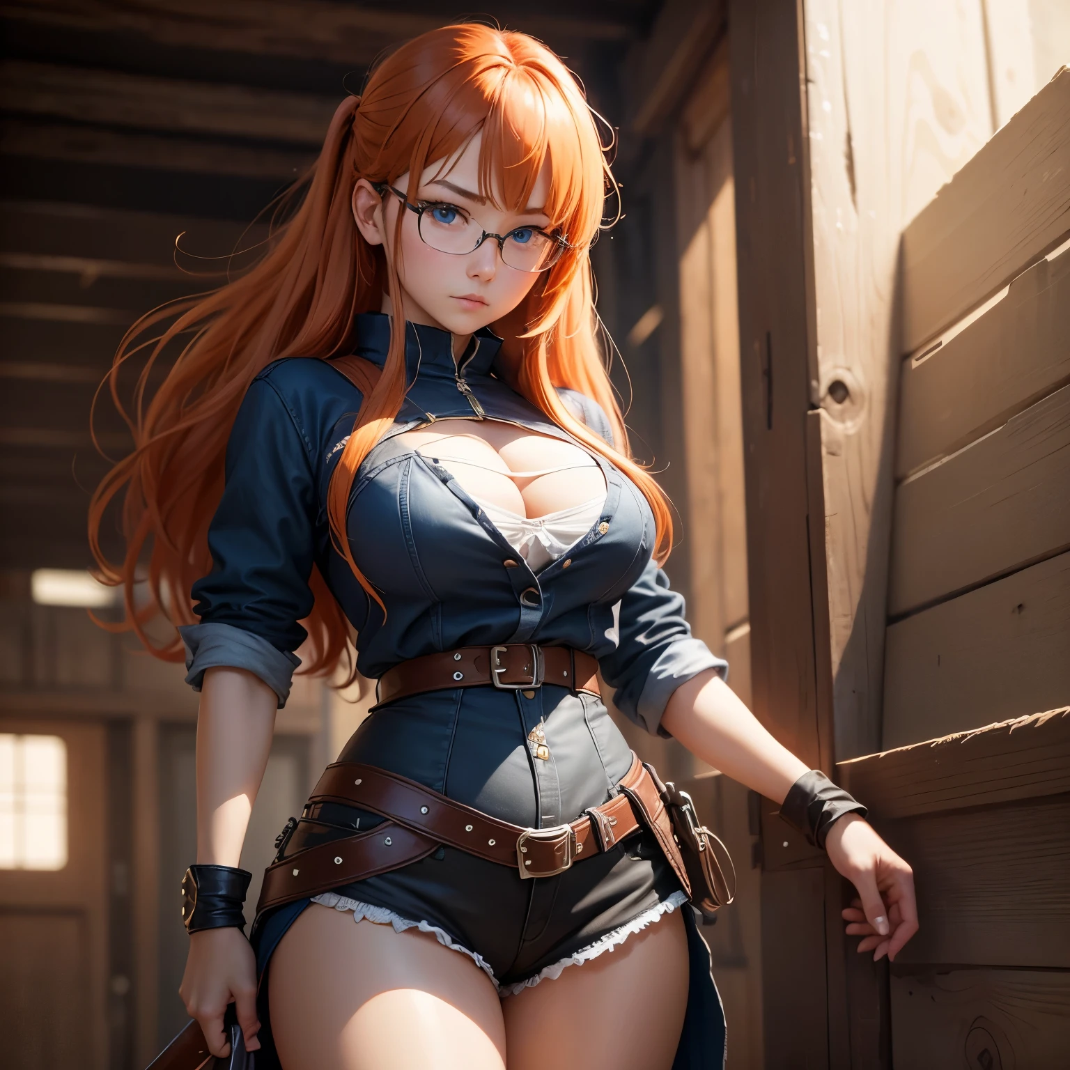 8k, masterpiece, best quality, realistic, higly detailed, cowboy shot, 1girl, solo, Itsuki Nakano, serious looking girl, medium-length hair, expressive ahoge, reddish-orange hair colour, a pair of star-shaped hairpins near both of her eyes, dark blue eyes, average height, well-endowed figure, wears glasses, cute, Rogue