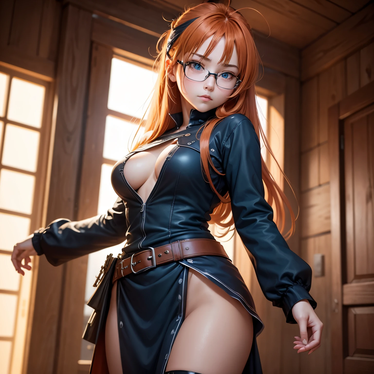 8k, masterpiece, best quality, realistic, higly detailed, cowboy shot, 1girl, solo, Itsuki Nakano, serious looking girl, medium-length hair, expressive ahoge, reddish-orange hair colour, a pair of star-shaped hairpins near both of her eyes, dark blue eyes, average height, well-endowed figure, wears glasses, cute, Rogue