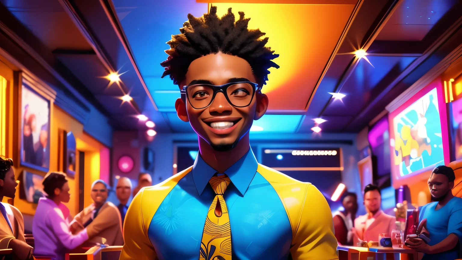 A Young African man well dressed with a tie, standing next to a luxurious SUV, feeling positive and rich, 3D Cartoon Vision, vibrant colors, comic style, portrait, detailed facial features, joyous atmosphere, bright lighting, exaggerated features.[Detailed facial features] [Wealth atmosphere] [Bright lighting] [Exaggerated features]