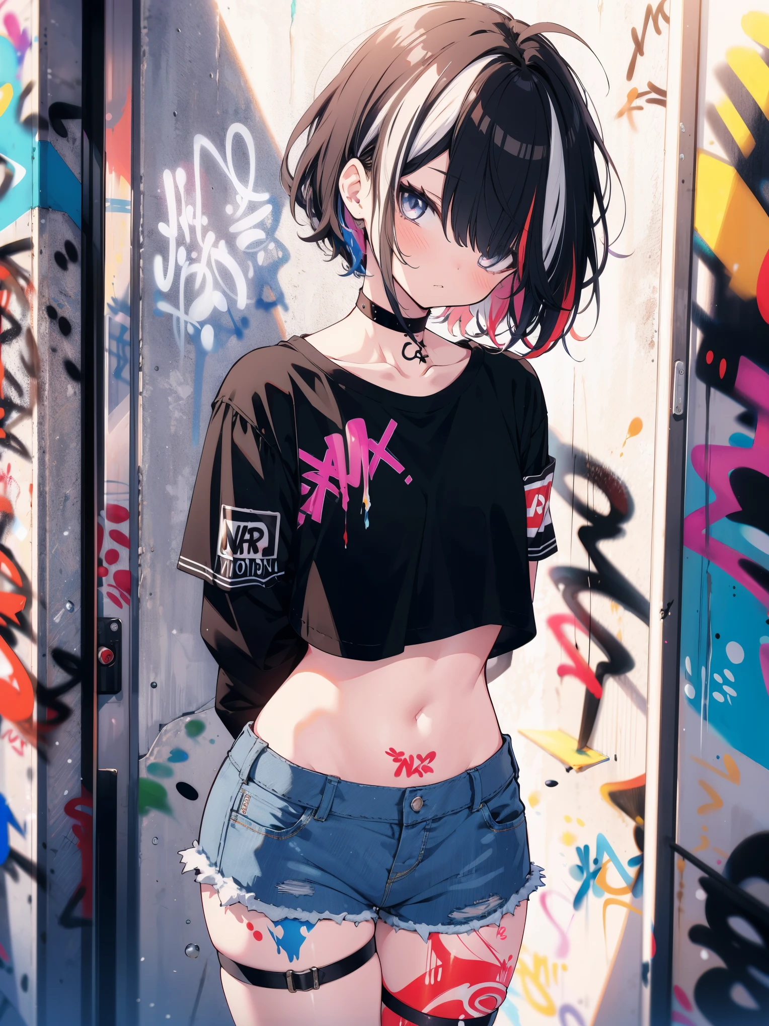 (cowboy shot), (best quality, ultra-high resolution, depth of field:1.2), adult, 1woman, solo, streaked hair, short hair, bangs, crop top, denim shorts, choker, (graffiti:1.4), paint splatter, arms behind back, (slouching), (leaning back:0.5), against wall, (leaning to the side:0.5), looking at viewer, armband, thigh strap, streaked hair, paint on body, upturned eyes, head down, head tilt, (from side:1), bored