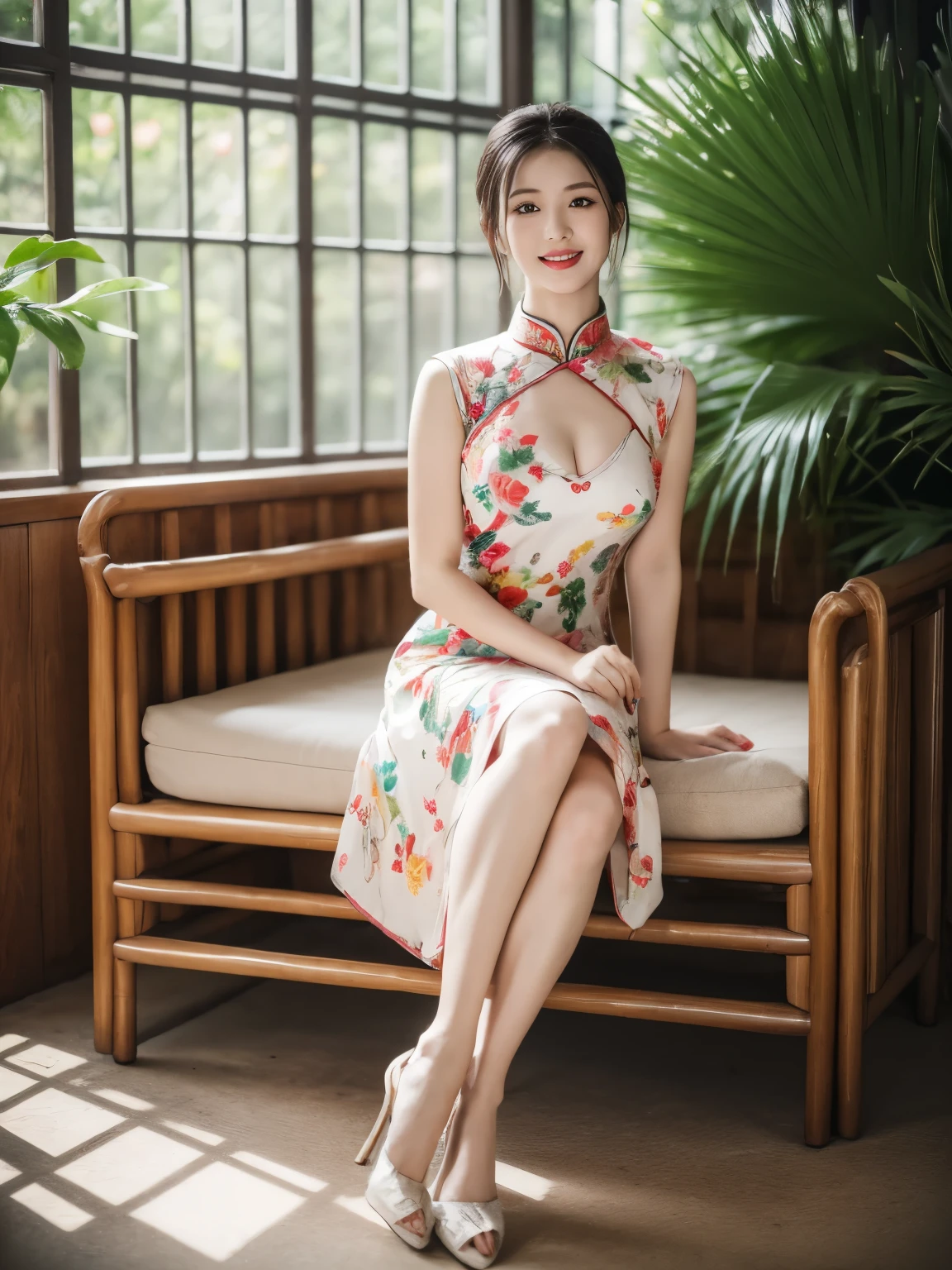 Cinematic lighting, ray tracing, film grain, depth of field, UHD, masterpiece, best quality, super detail, award winning, highres, high details, Real human skin, natural skin texture, 1girl, oval face, qipao, full body,big chest,indoor, (((expose thighs))), Bare thigh, nice leg, ((Breast)), A plump figure, whole body, kiss, ((Colorful chinesedress)), sat on the ground, smile, High heels, (sitting:1.3), Chinese furniture, vases, sense of space, light on the face, depth of field, natural light, Flowers, plants, art Deco design,