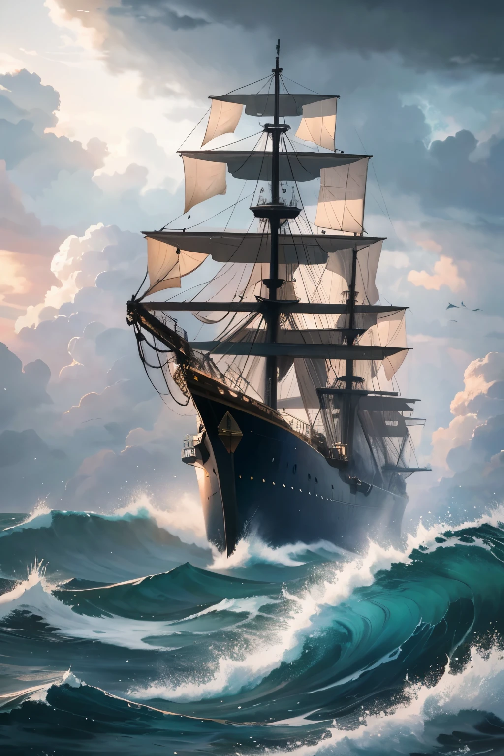 In the midst of tempestuous weather, the ships stood defiant against the encroaching black clouds and towering waves. This hyperrealistic painting brings to life the raw power of the sea, with each wave meticulously crafted to showcase the intricacies of the water's motion. The black clouds loom menacingly overhead, their edges sharp and defined, with raindrops beading on the surface. The ships, with their masts swaying precariously, showcase the determination of the sailors braving the storm. With vibrant colors and lifelike details, every element of this painting adds to the overall sense of chaos and tension. --v 5.2 --ar 9