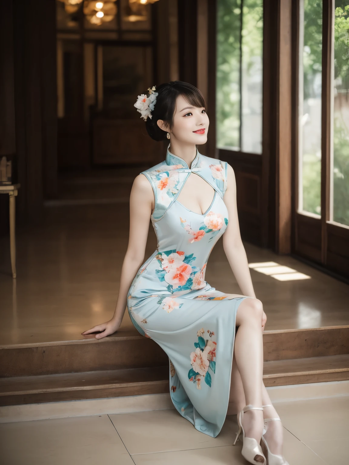 Cinematic lighting, ray tracing, film grain, depth of field, UHD, masterpiece, best quality, super detail, award winning, highres, high details, Real human skin, natural skin texture, 1girl, oval face, qipao, full body,big chest,indoor, (((expose thighs))), Bare thigh, nice leg, ((Breast)), A plump figure, whole body, kiss, ((Colorful chinesedress)), sat on the ground, smile, High heels, (sitting:1.3), Chinese furniture, vases, sense of space, light on the face, depth of field, natural light, Flowers, plants, art Deco design,