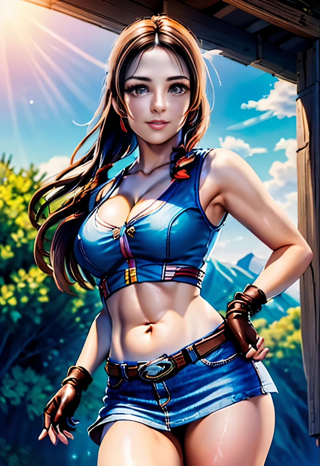 (photograph:1.3), high detail, Julia_Chang, 1 girl, job alone,show white panties, looking at the viewer, skirt, gloves, belly button, cleavage, bare shoulders, brown eyes, medium breasts, outdoors, shorts, Day, abdomen, belt, fingerless gloves, necklace, blurry, wood, crop top, blurry background, head band, Tank top, feather, denim, denim shorts, denim skirt, native american, dark red, gray, and black color, Bright colors, (summer, sunny weather:1.3), medium brightness lighting, (soft focus:1.3), (High praise, attractive, fascinating, exciting, nice, impressive:1.3), (surreal, sharp focus:1.3)