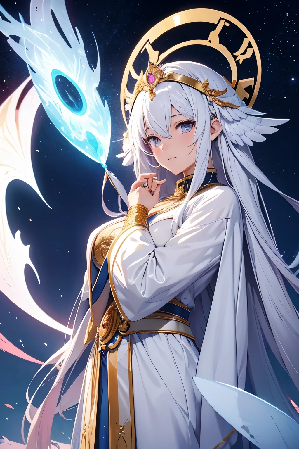 "Design an anime goddess with white hair, cuyos mechones floten suavemente en el aire como delicadas plumas. His eyes shine with an ethereal tone, reflecting divine wisdom. He wears a celestial robe adorned with star patterns and carries with him a magical artifact that emanates radiant light.. La diosa, surrounded by a halo of energy, se encuentra en un paisaje celestial, donde las estrellas y nebulosas danzan a su alrededor. Capture the essence of serenity and divine power in this unique depiction of the anime deity."
