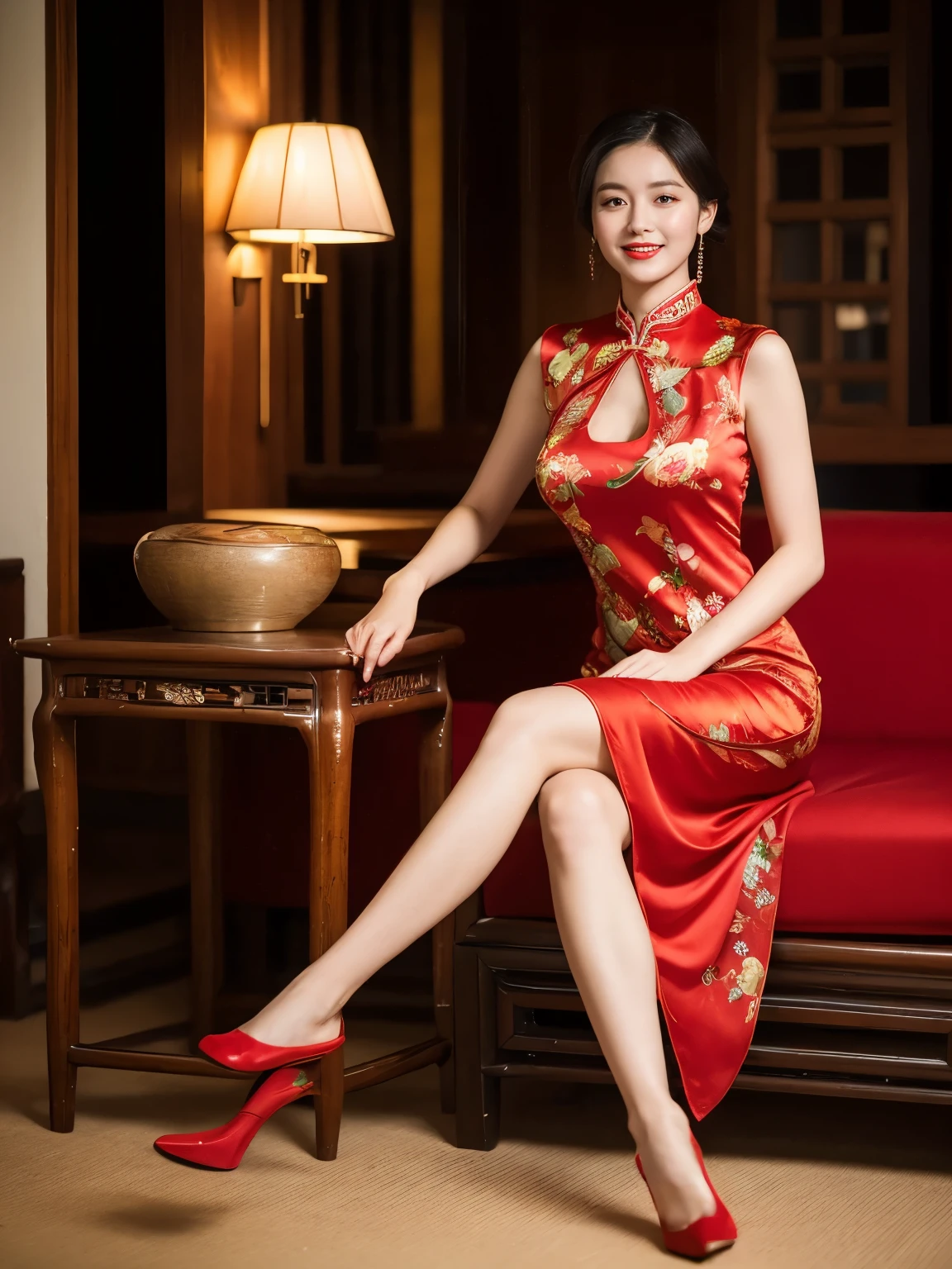 Cinematic lighting, ray tracing, film grain, depth of field, UHD, masterpiece, best quality, super detail, award winning, highres, high details, Real human skin, natural skin texture, 1girl, oval face, qipao, full body,big chest,indoor, (((expose thighs))), Bare thigh, nice leg, ((Breast)), A plump figure, whole body, kiss, ((Red chinesedress)), sat on the ground, smile, High heels, (sitting:1.3), Chinese furniture, vases, sense of space, light on the face, depth of field, natural light, Flowers, plants, art Deco design,