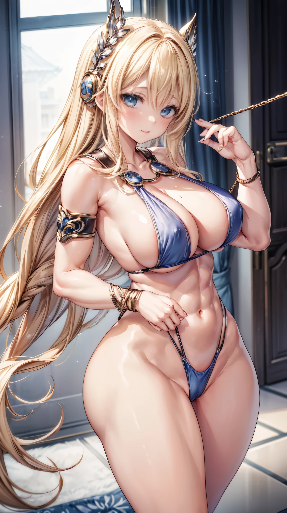 sensual, long blonde hair, thick thighs, 8k, 4k, highest quality, High resolution:1.2), cute anime face, noise reduction, shining blue eyes, gentle smile, kind eyes、toned abdominal muscles, muscular arms, muscular legs, young face, anime eyes, (((big breasts、A chest that is about to burst)))、(((bondage style)))、(((Rear view、I'll turn around、T-back song that bites into your butt)))、(Sophitia Alexandra)