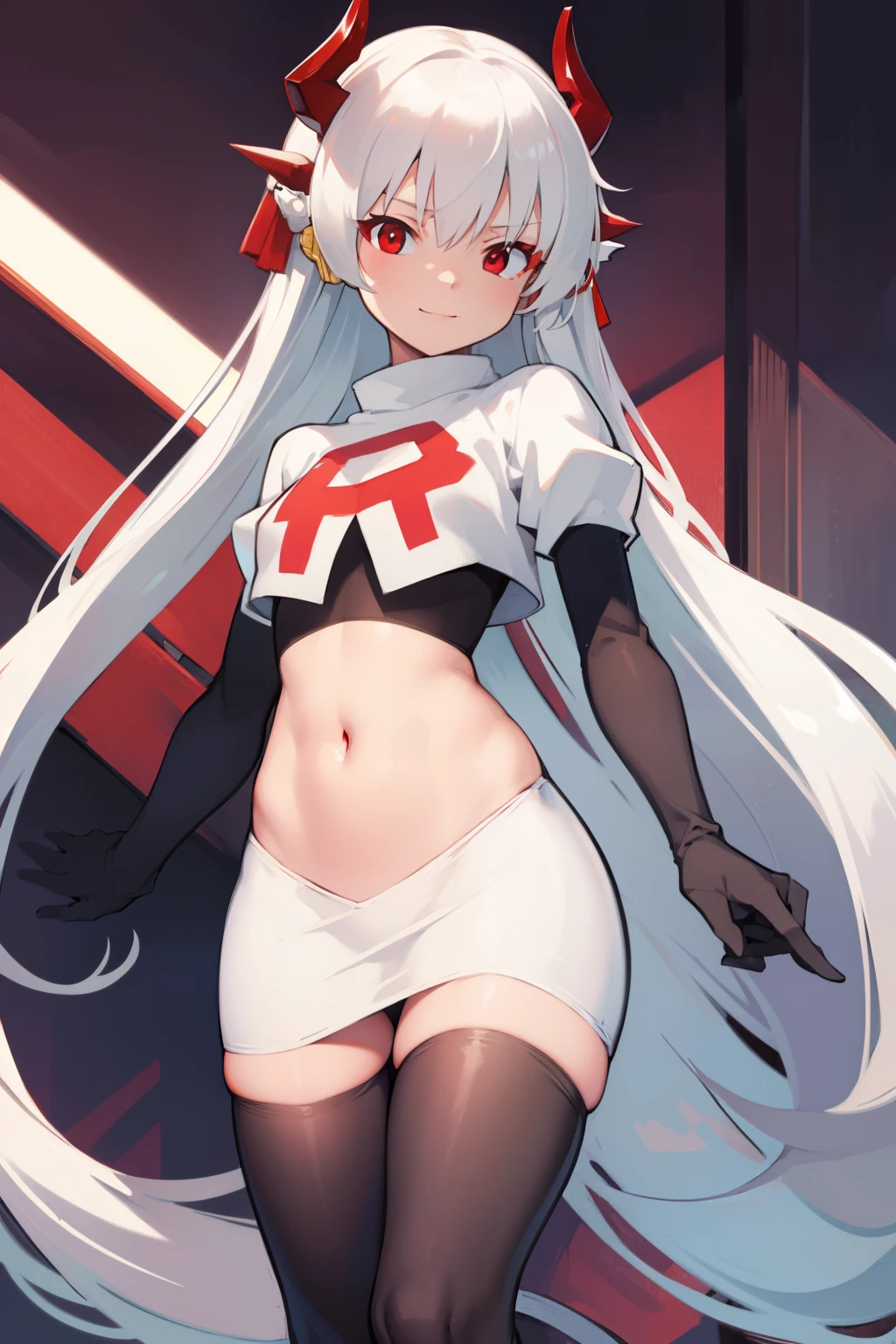kiyohime, kiyohime, white hair, dragon girl, dragon horns, horns, long hair, (red eyes:1.5), smile, (small breast:1.2),
BREAK team rocket,team rocket uniform, red letter R, white skirt,white crop top,black thigh-highs ,black elbow gloves
BREAK looking at viewer,
BREAK (masterpiece:1.2), best quality, high resolution, unity 8k wallpaper, (illustration:0.8), (beautiful detailed eyes:1.6), extremely detailed face, perfect lighting, extremely detailed CG, (perfect hands, perfect anatomy),