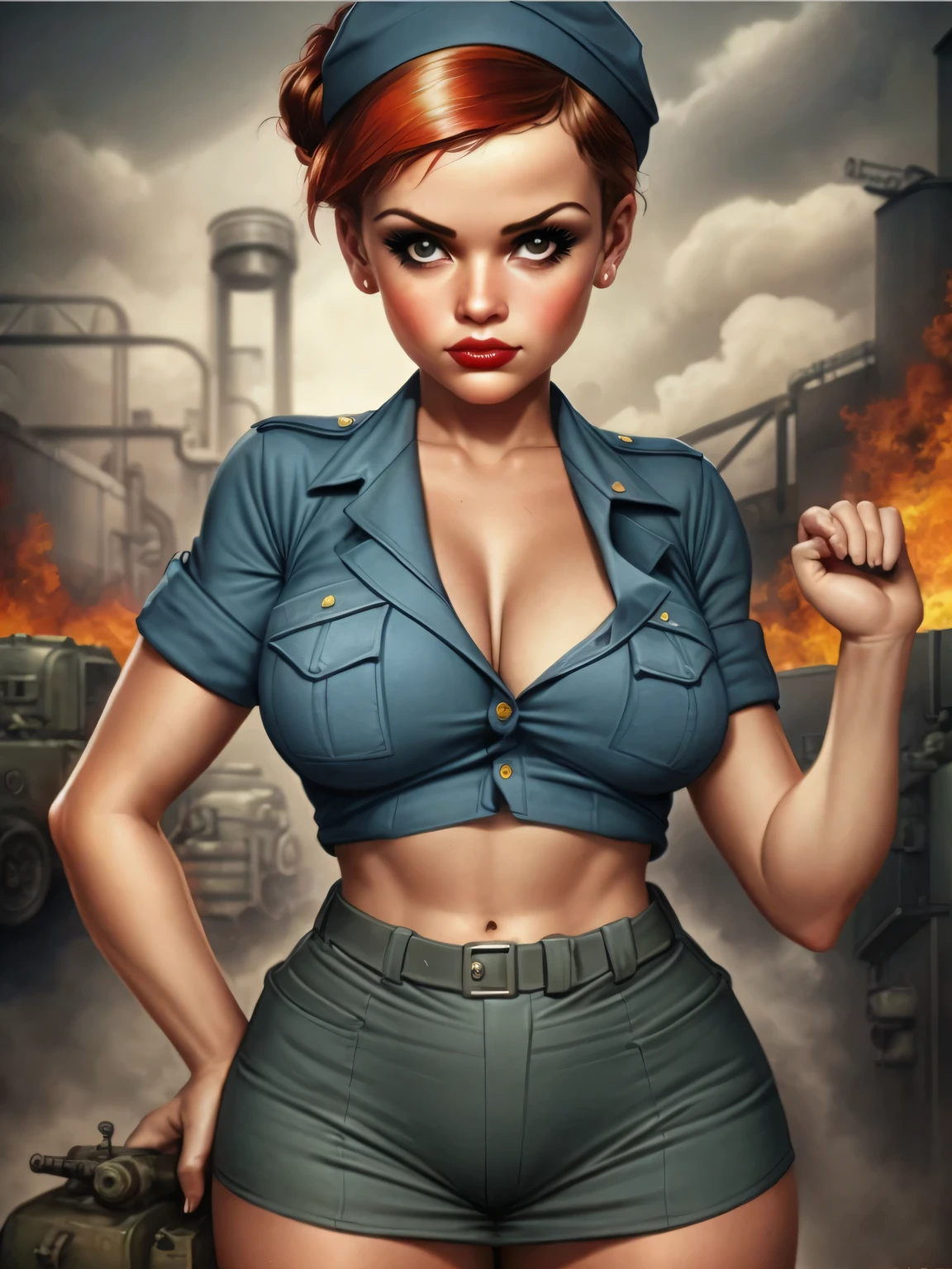 A Rosie the Riveter-inspired pin-up, her outfit and pose echoing the iconic image, set against a backdrop of a 1940s factory, the scene a vibrant, engaging homage to the women who worked on the home front during WWII.
